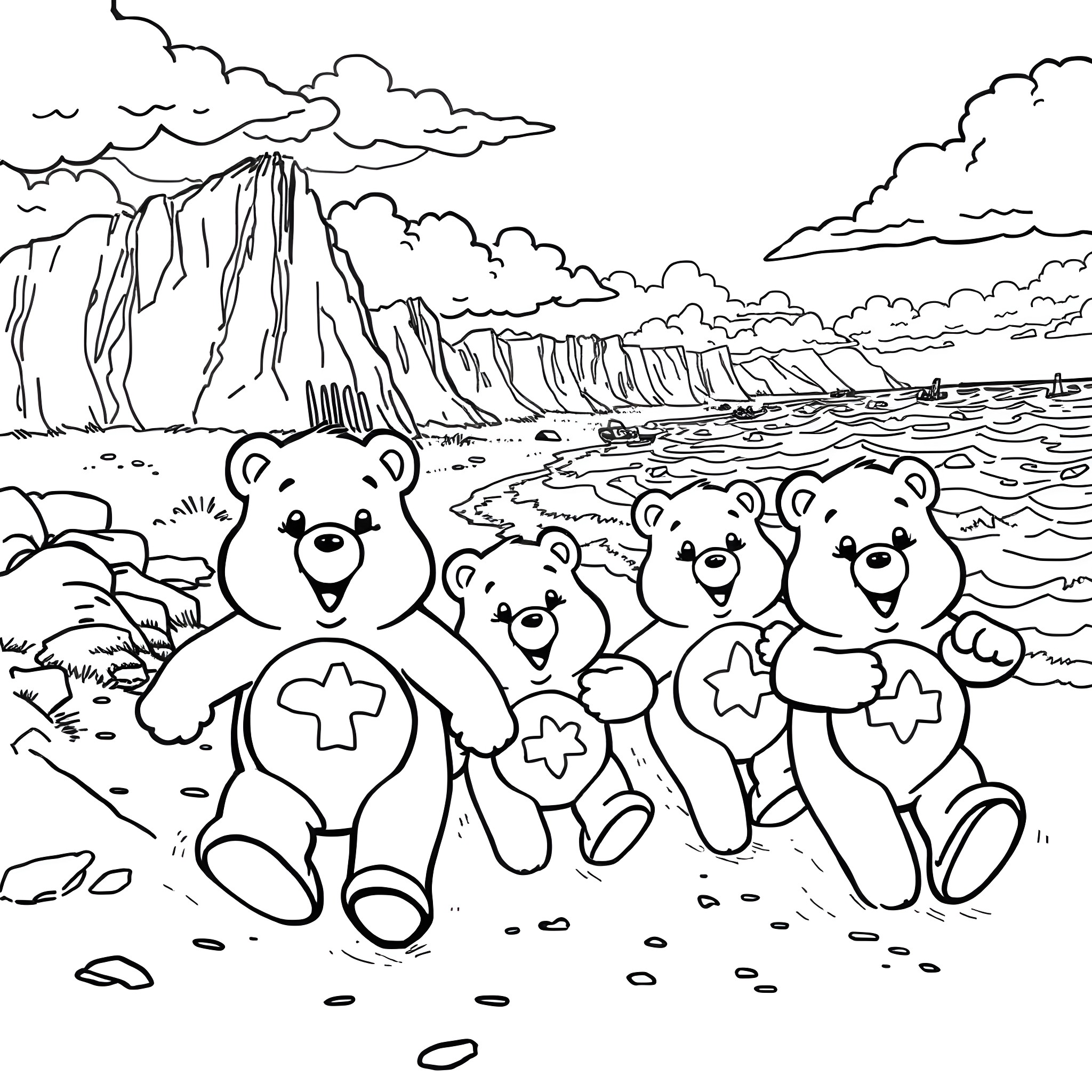 Care Bear Family Frolicking by the Cliff Coloring Page (free black-and-white line drawing printable PDF for all, from beginners to advanced learners, including children, teens, adults, and seniors)