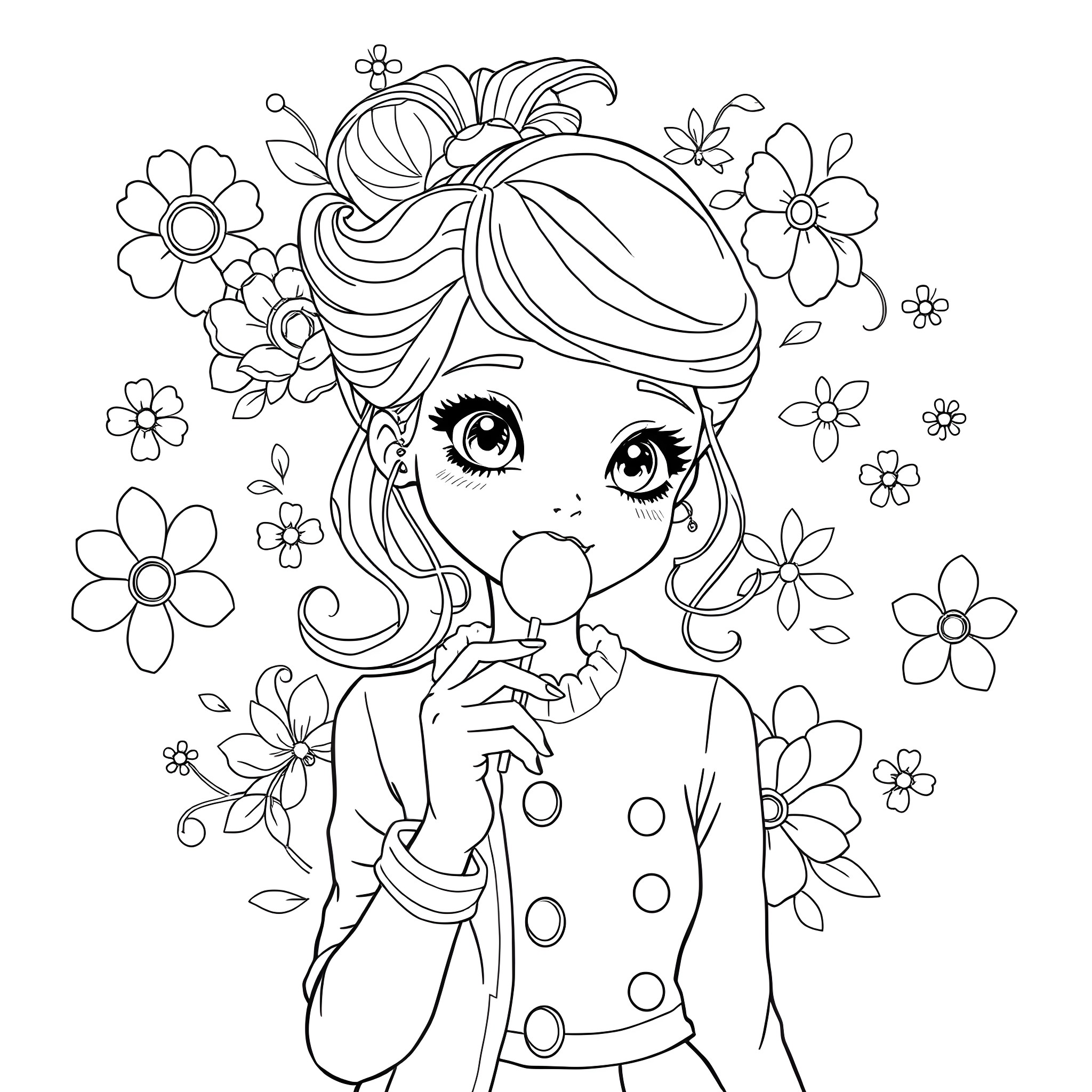 Girl with Floral Headpiece and Flowers Coloring Page (free black-and-white line drawing printable PDF for all, from beginners to advanced learners, including children, teens, adults, and seniors)
