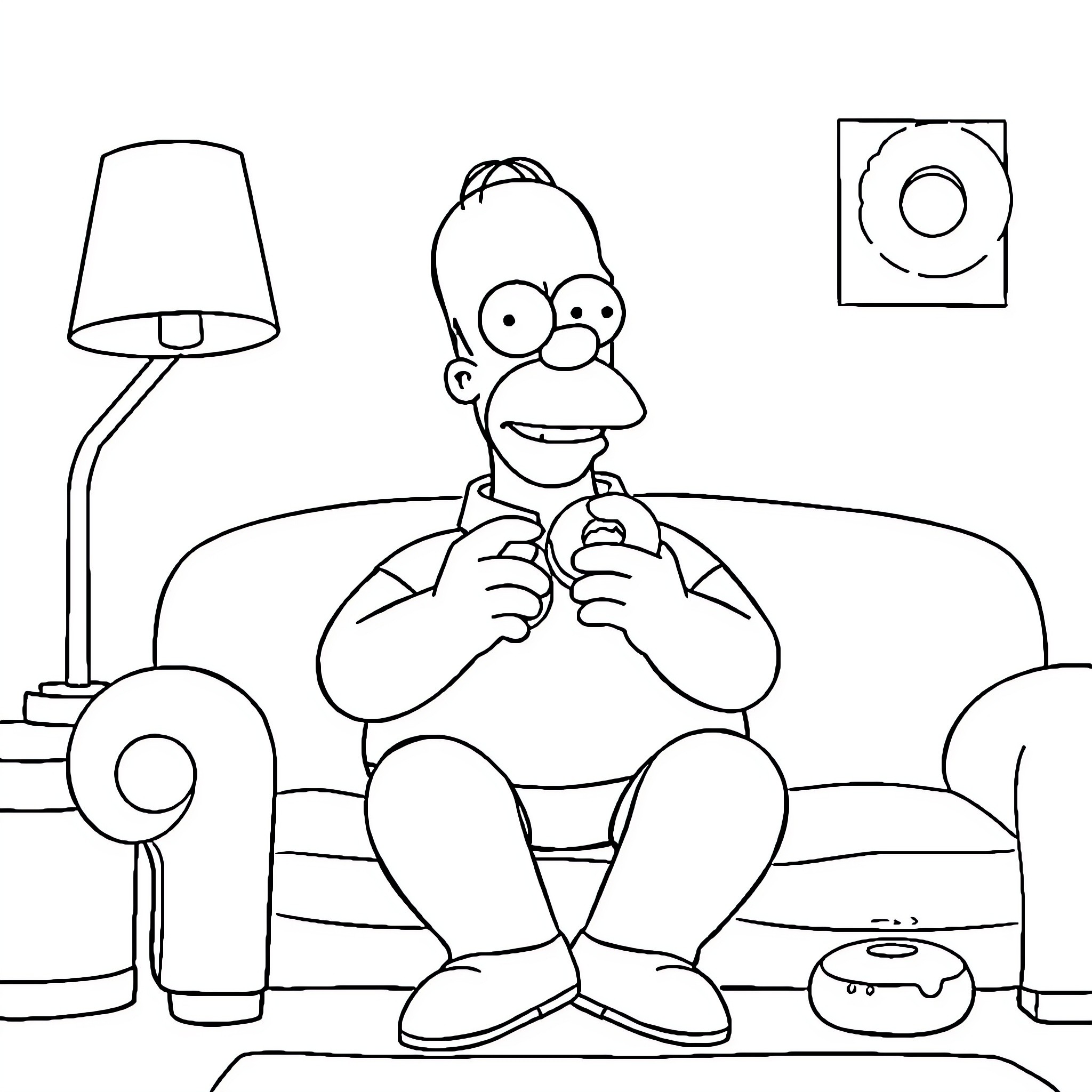 Homer Simpson relaxing on the couch with snacks Coloring Page (free black-and-white line drawing printable PDF for all, from beginners to advanced learners, including children, teens, adults, and seniors)