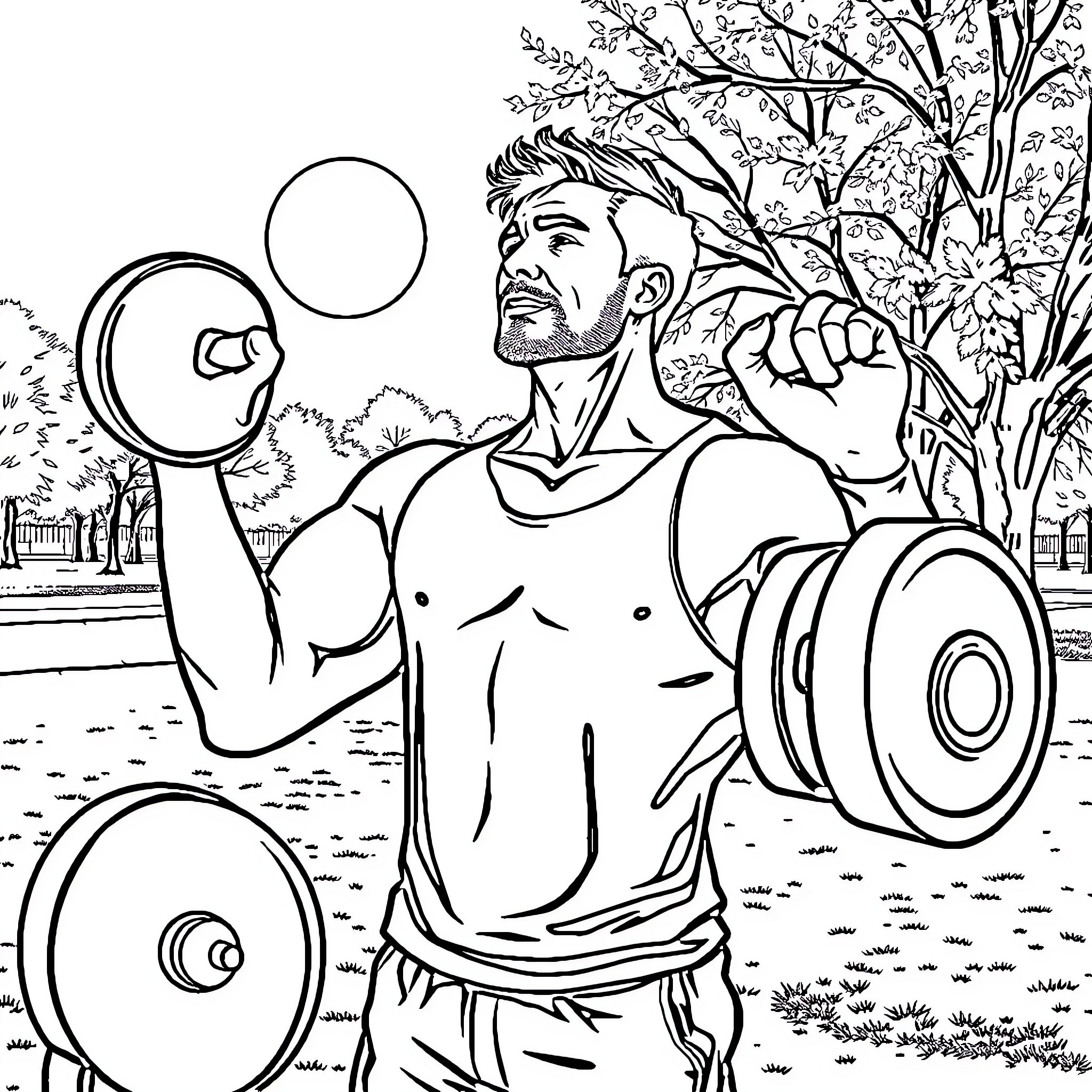 Man working out with weights in the park Coloring Page (free black-and-white line drawing printable PDF for all, from beginners to advanced learners, including children, teens, adults, and seniors)