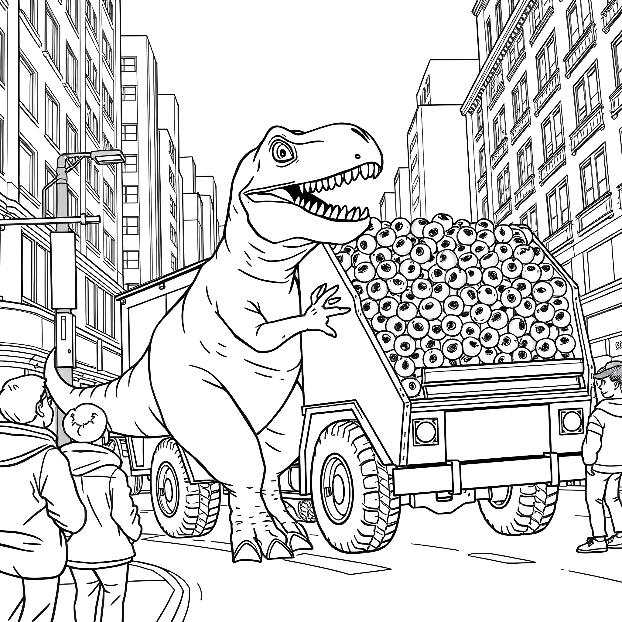 T-Rex carrying a truckload of eyeballs in the city Coloring Page (free black-and-white line drawing printable PDF for all, from beginners to advanced learners, including children, teens, adults, and seniors)