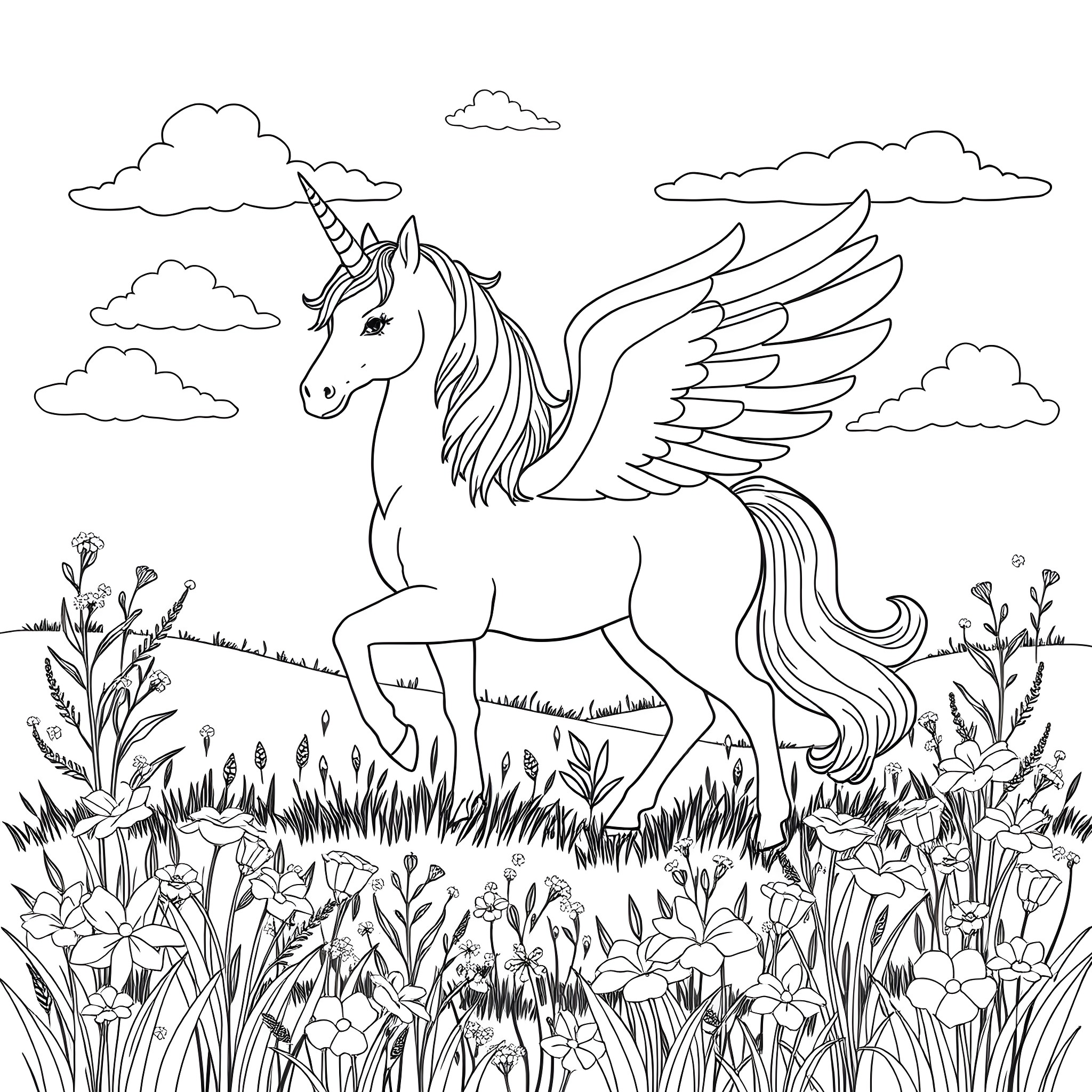Winged Unicorn in a Whimsical Meadow Coloring Page (free black-and-white line drawing printable PDF for all, from beginners to advanced learners, including children, teens, adults, and seniors)