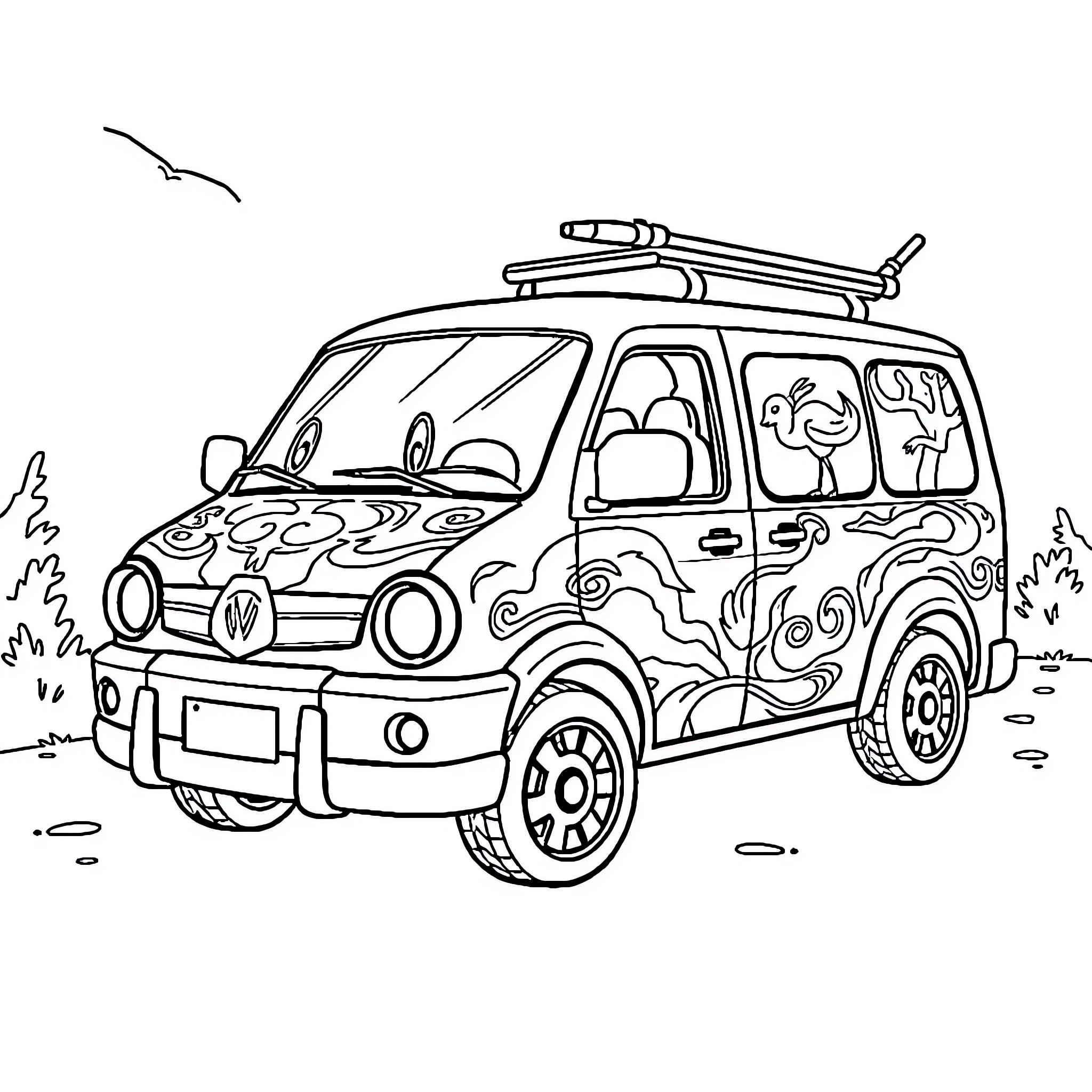 Ninja Turtle themed cartoon vehicle on an adventure Coloring Page (free black-and-white line drawing printable PDF for all, from beginners to advanced learners, including children, teens, adults, and seniors)
