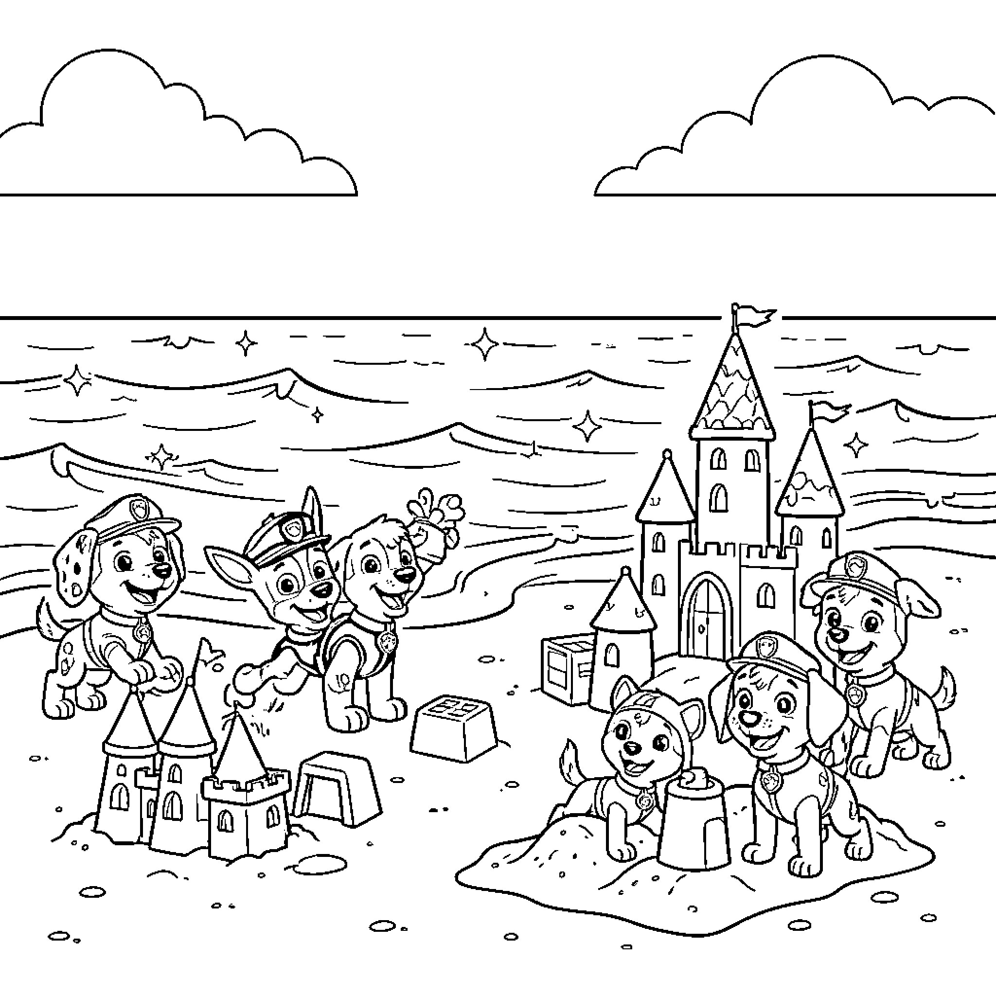 Paw Patrol Puppies Building Sandcastles on the Beach Coloring Page (free black-and-white line drawing printable PDF for all, from beginners to advanced learners, including children, teens, adults, and seniors)