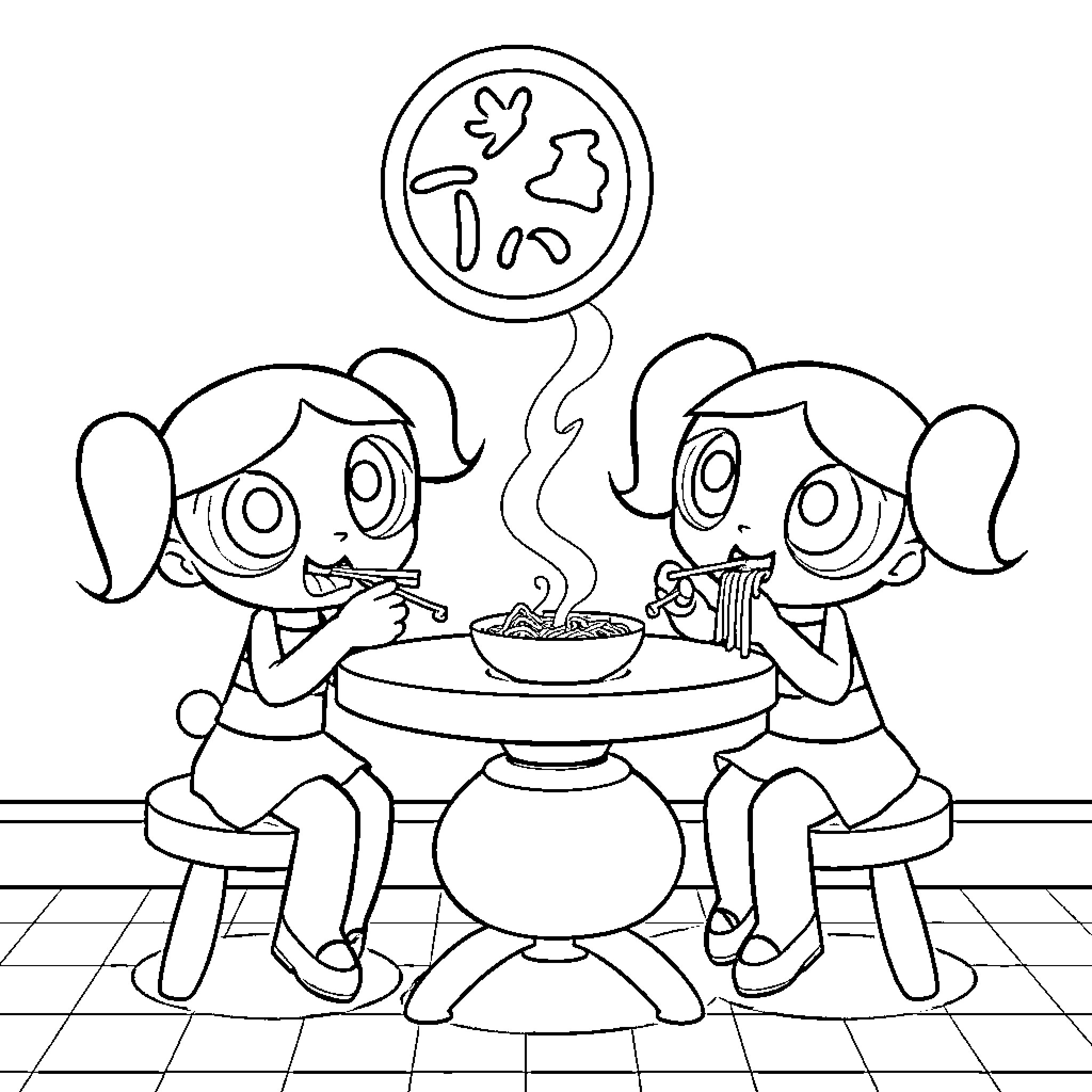 Powerpuff Girls enjoying a hot meal together Coloring Page (free black-and-white line drawing printable PDF for all, from beginners to advanced learners, including children, teens, adults, and seniors)