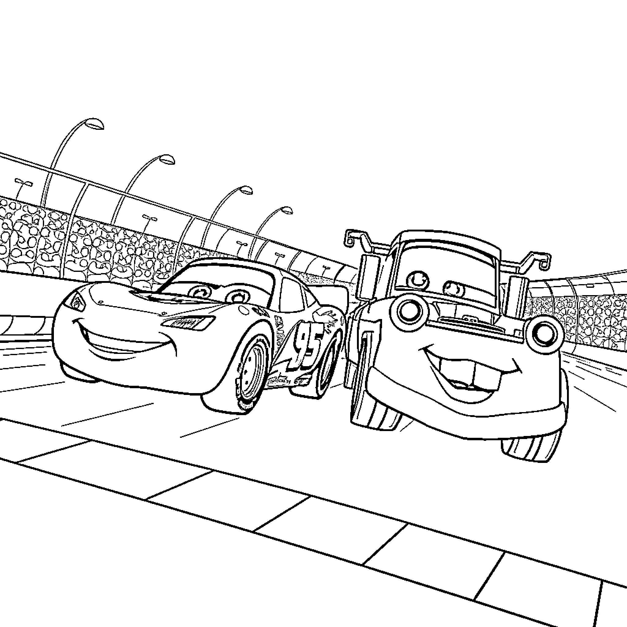 Lightning McQueen and Mater in the Race Coloring Page (free black-and-white line drawing printable PDF for all, from beginners to advanced learners, including children, teens, adults, and seniors)