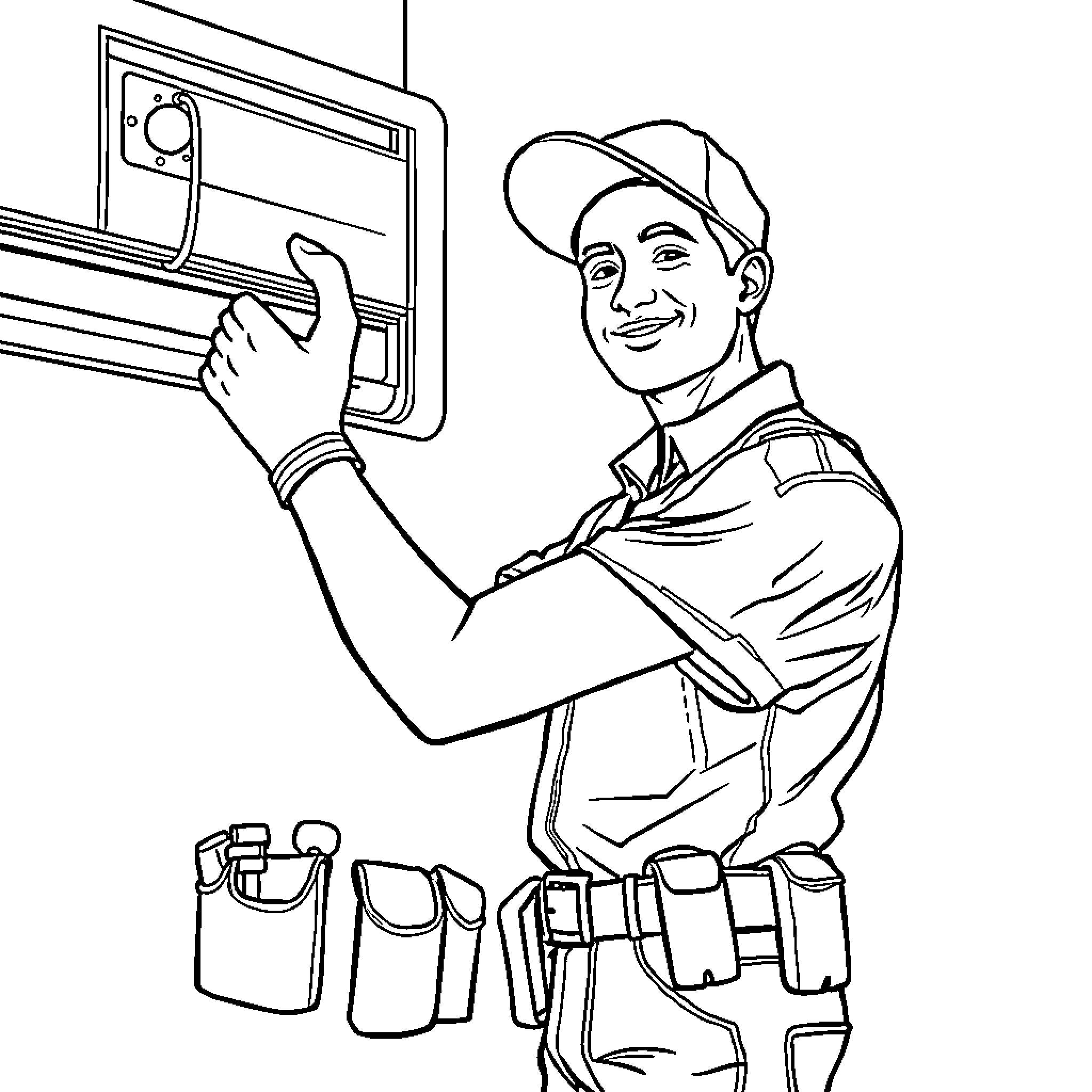 Technician working diligently with electrical equipment Coloring Page (free black-and-white line drawing printable PDF for all, from beginners to advanced learners, including children, teens, adults, and seniors)