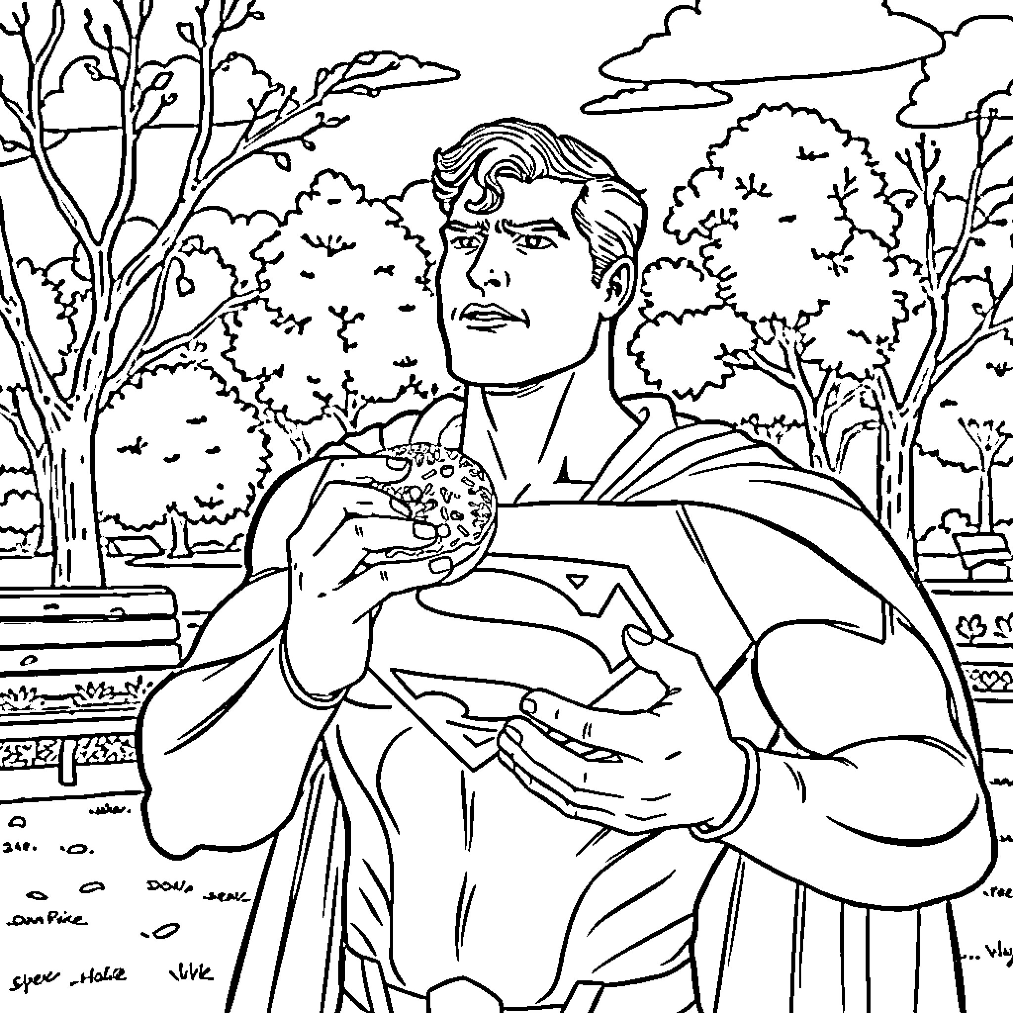 Superman ponders in a serene outdoor setting Coloring Page (free black-and-white line drawing printable PDF for all, from beginners to advanced learners, including children, teens, adults, and seniors)