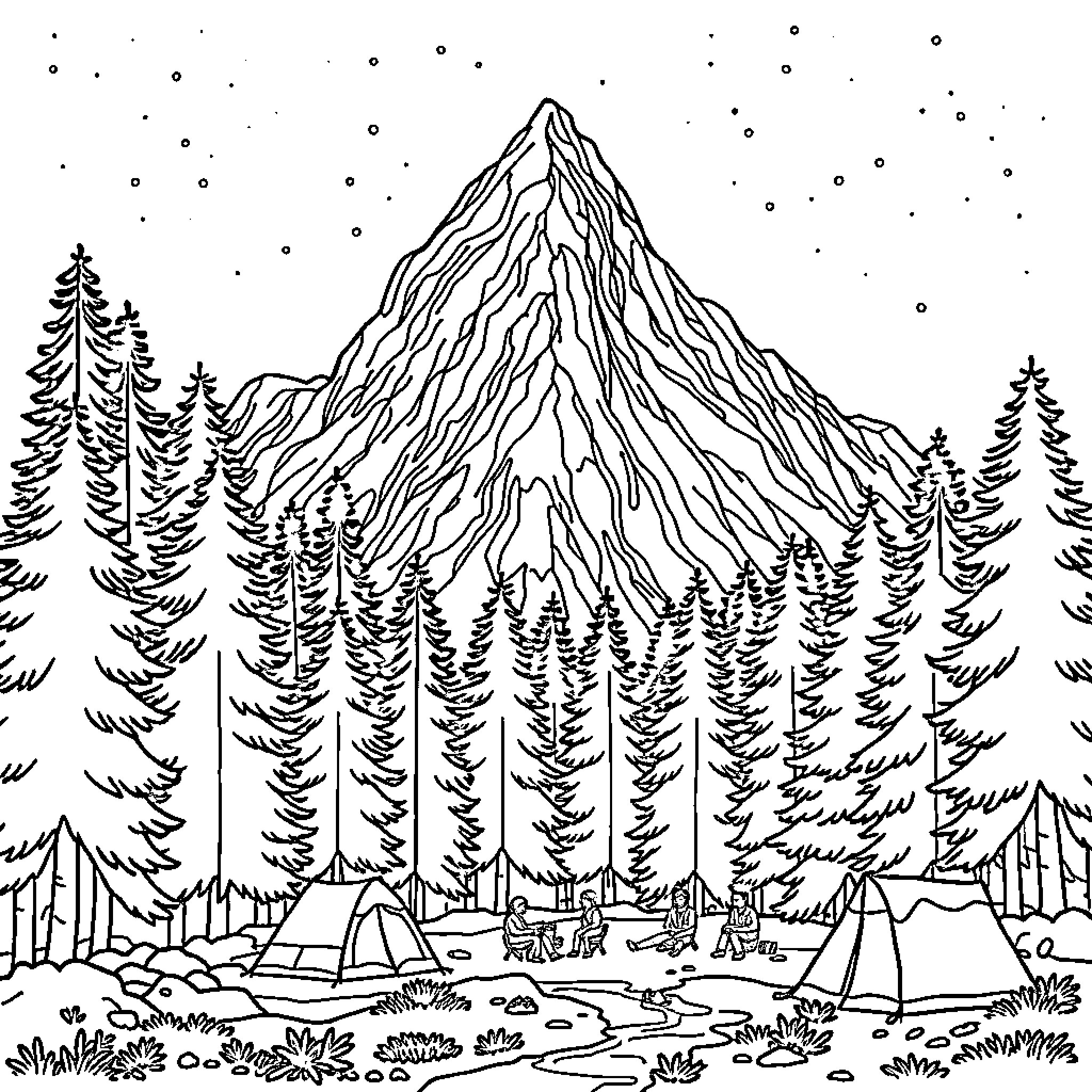 Mountain Camping Adventure in Snowy Wilderness Coloring Page (free black-and-white line drawing printable PDF for all, from beginners to advanced learners, including children, teens, adults, and seniors)