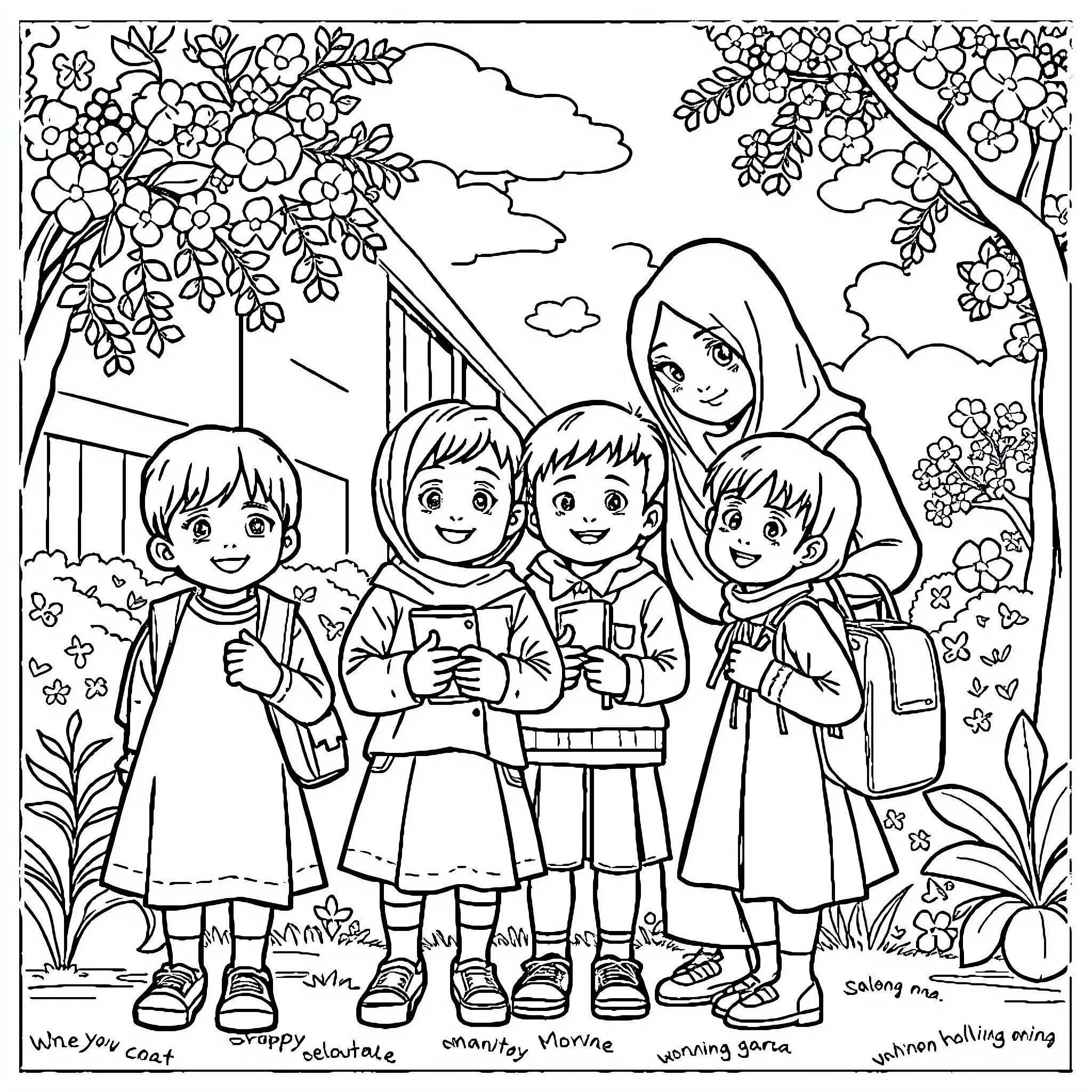 First Day of School with Smiling Children Coloring Page (free black-and-white line drawing printable PDF for all, from beginners to advanced learners, including children, teens, adults, and seniors)