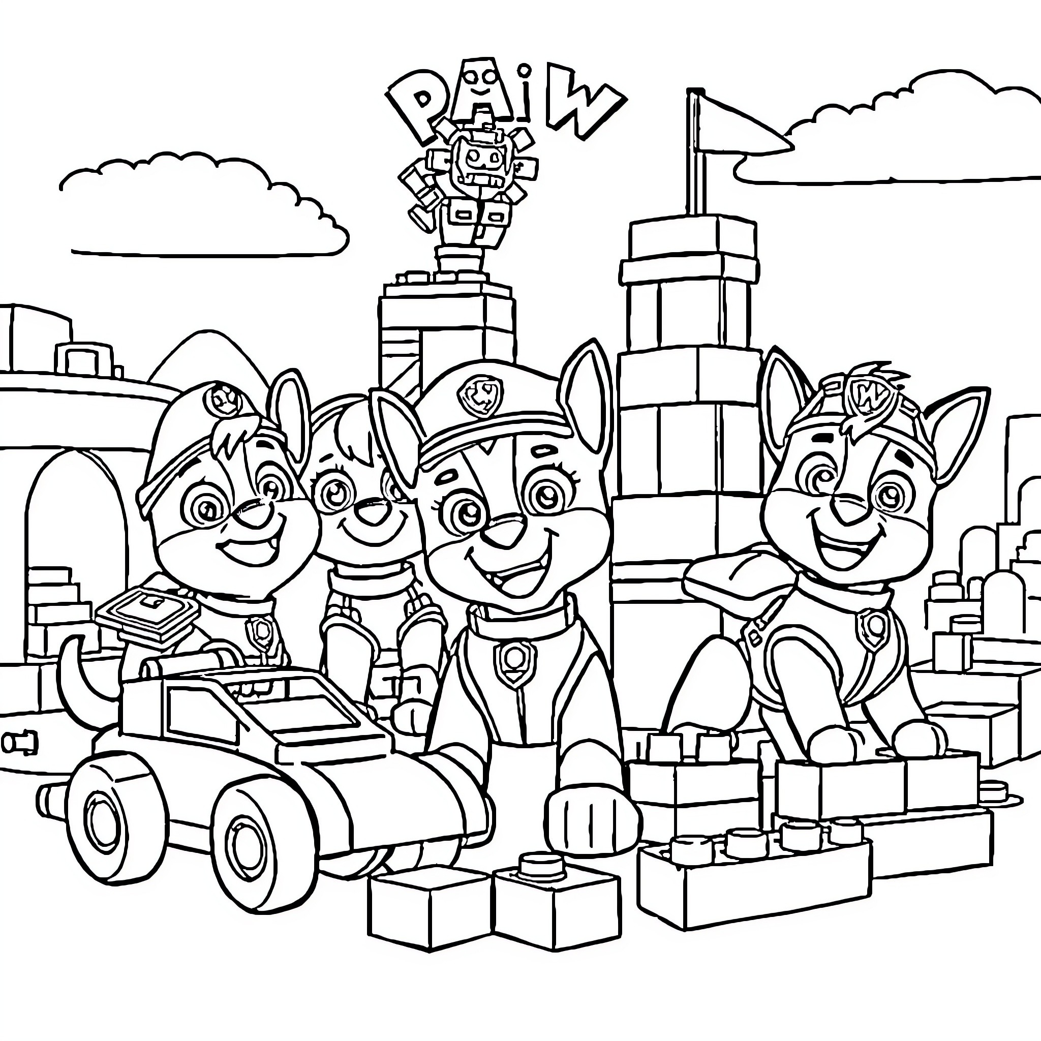 Paw Patrol characters in an action-packed scene Coloring Page (free black-and-white line drawing printable PDF for all, from beginners to advanced learners, including children, teens, adults, and seniors)