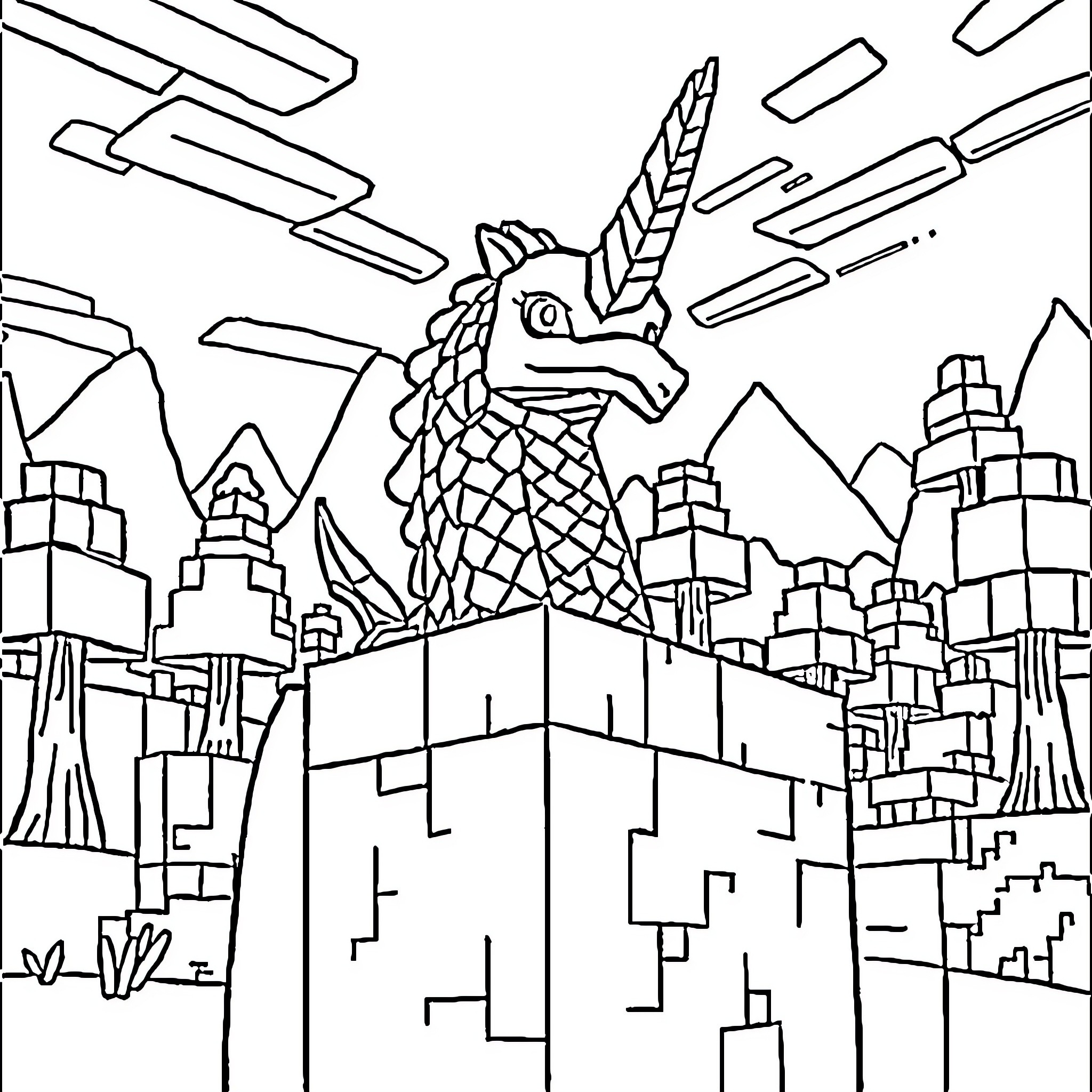 Siren Head in a Futuristic City Landscape Coloring Page (free black-and-white line drawing printable PDF for all, from beginners to advanced learners, including children, teens, adults, and seniors)