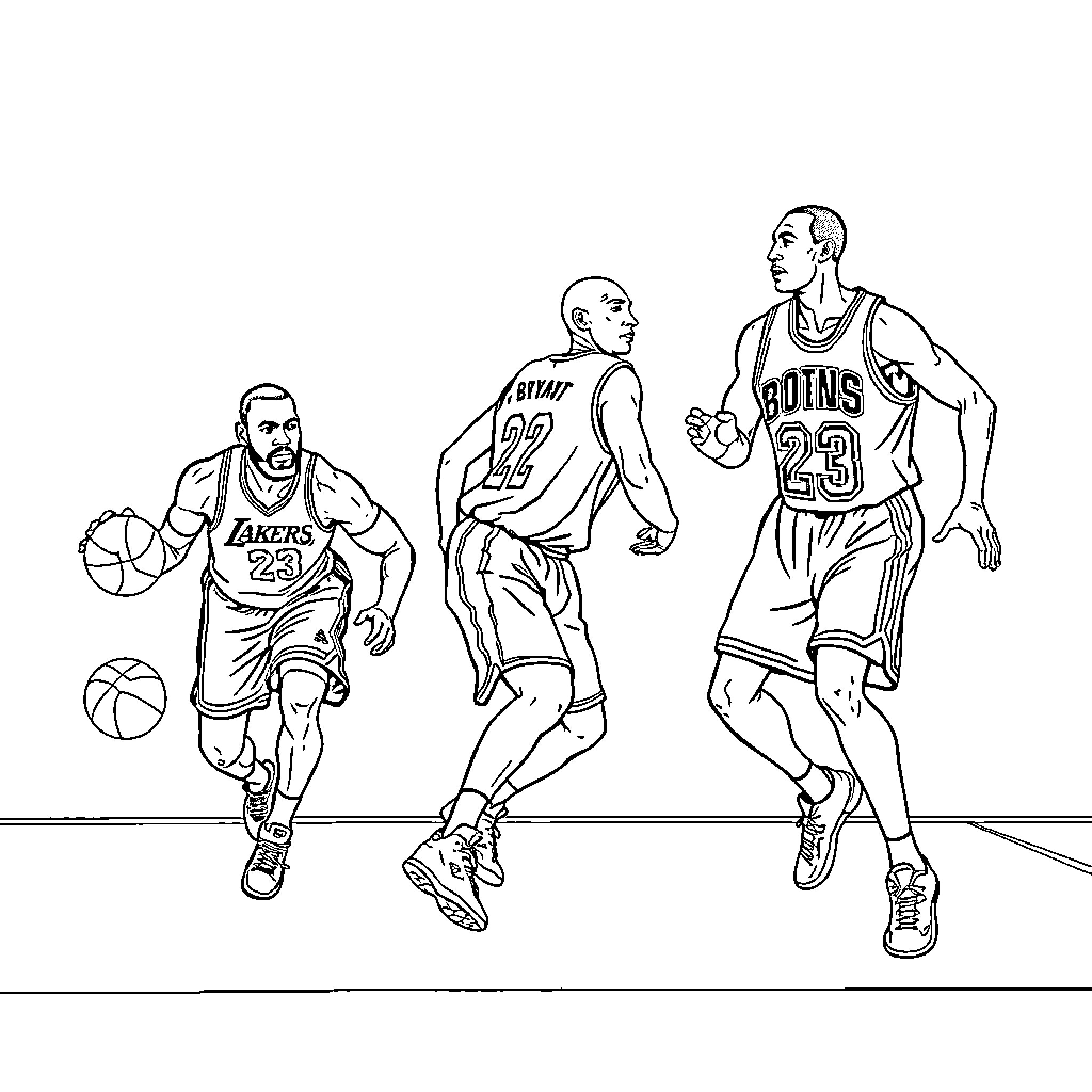 LeBron James Basketball Players in Action Coloring Page (free black-and-white line drawing printable PDF for all, from beginners to advanced learners, including children, teens, adults, and seniors)