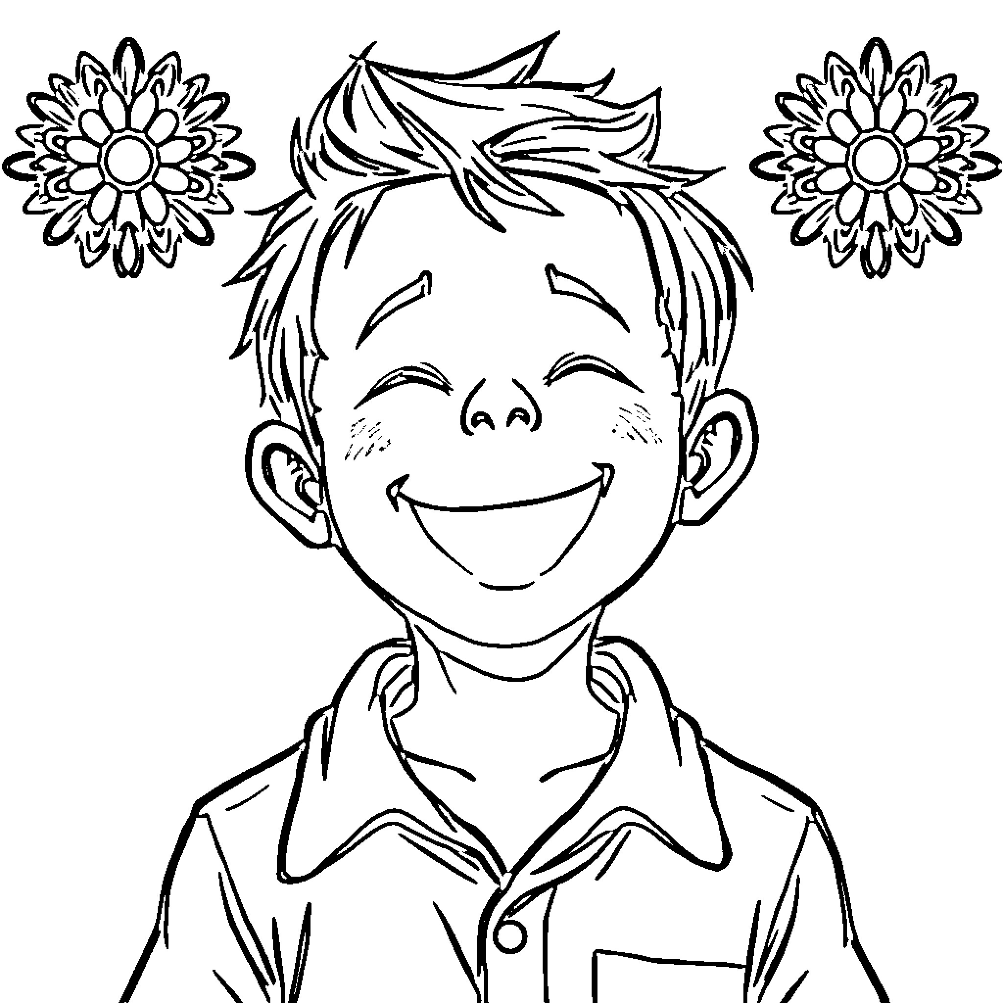Boy with flowers in his hair and happy expression Coloring Page (free black-and-white line drawing printable PDF for all, from beginners to advanced learners, including children, teens, adults, and seniors)