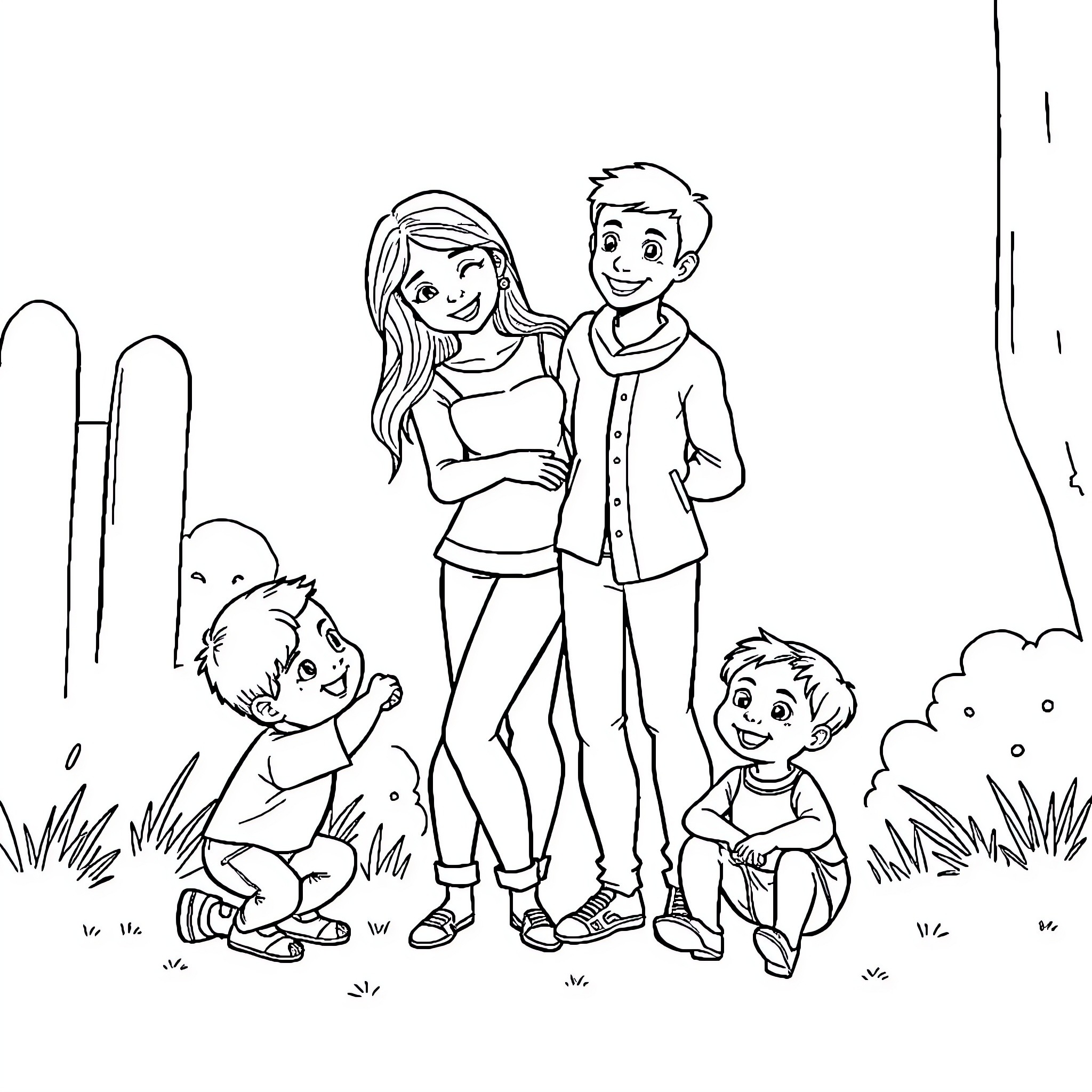 Family Enjoying Outdoor Time Together Coloring Page (free black-and-white line drawing printable PDF for all, from beginners to advanced learners, including children, teens, adults, and seniors)
