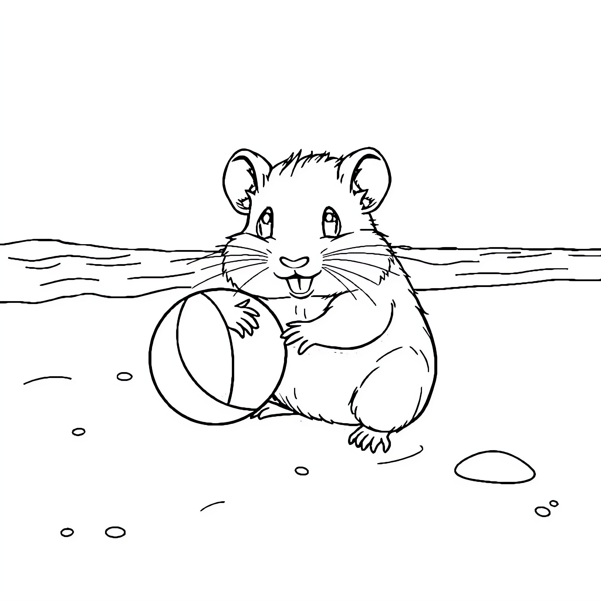Hamster playing happily with beach ball Coloring Page (free black-and-white line drawing printable PDF for all, from beginners to advanced learners, including children, teens, adults, and seniors)