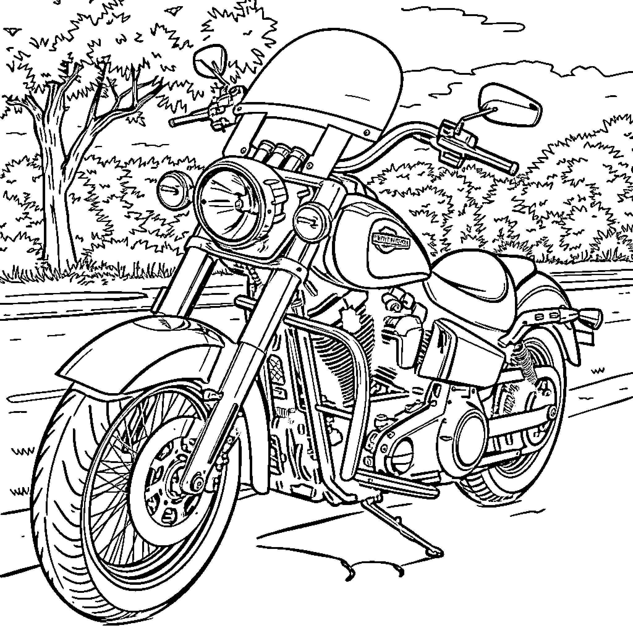 Motorcycle riding through scenic nature landscape Coloring Page (free black-and-white line drawing printable PDF for all, from beginners to advanced learners, including children, teens, adults, and seniors)