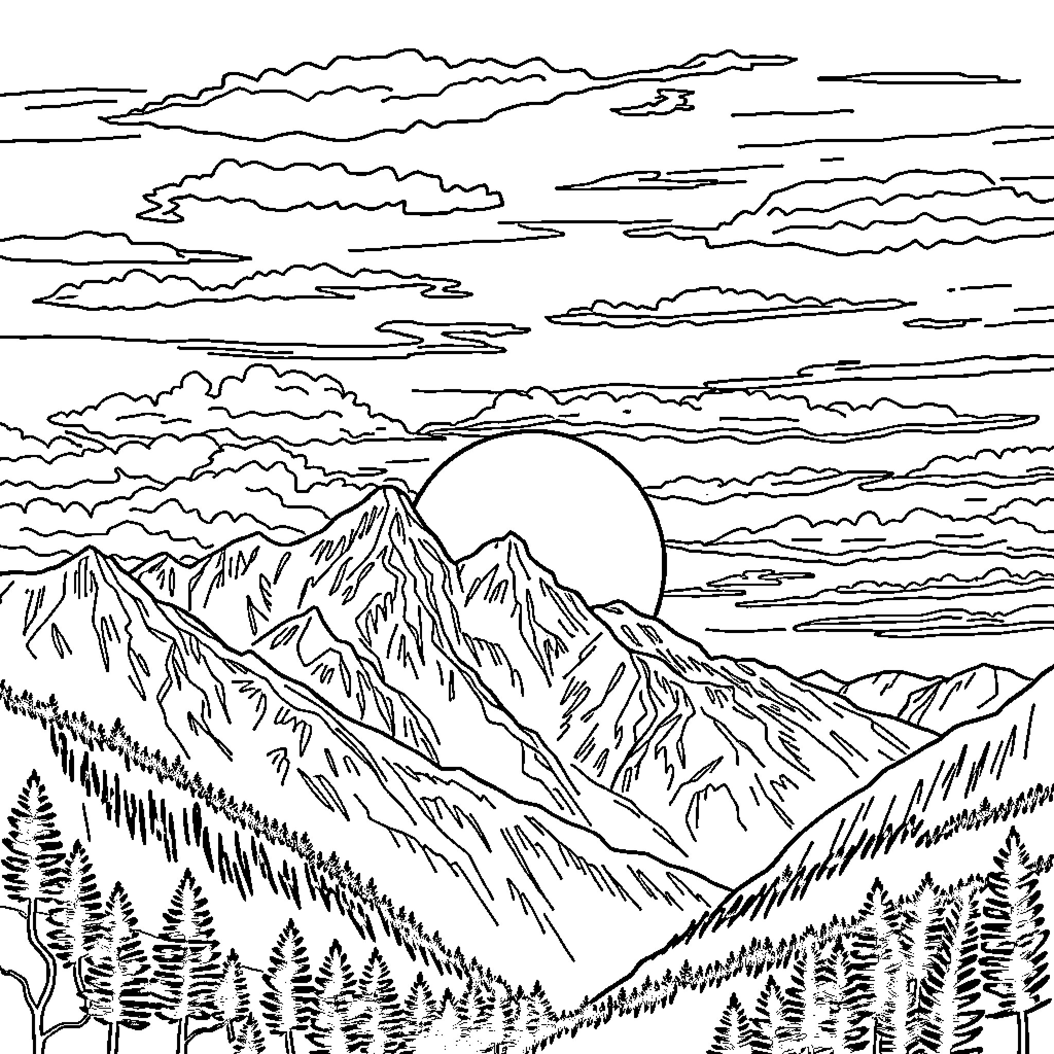 Sun rises over majestic mountain landscape Coloring Page (free black-and-white line drawing printable PDF for all, from beginners to advanced learners, including children, teens, adults, and seniors)