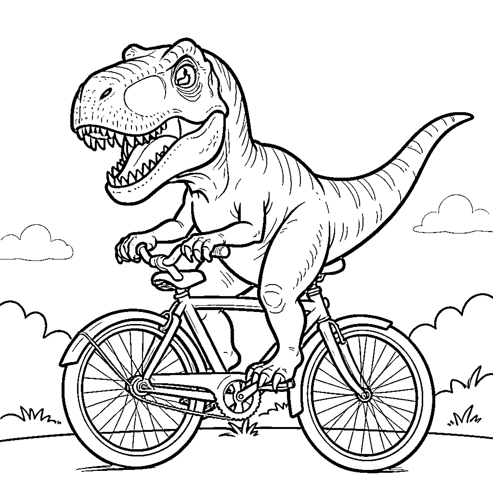 T-Rex riding a bicycle with a happy expression Coloring Page (free black-and-white line drawing printable PDF for all, from beginners to advanced learners, including children, teens, adults, and seniors)
