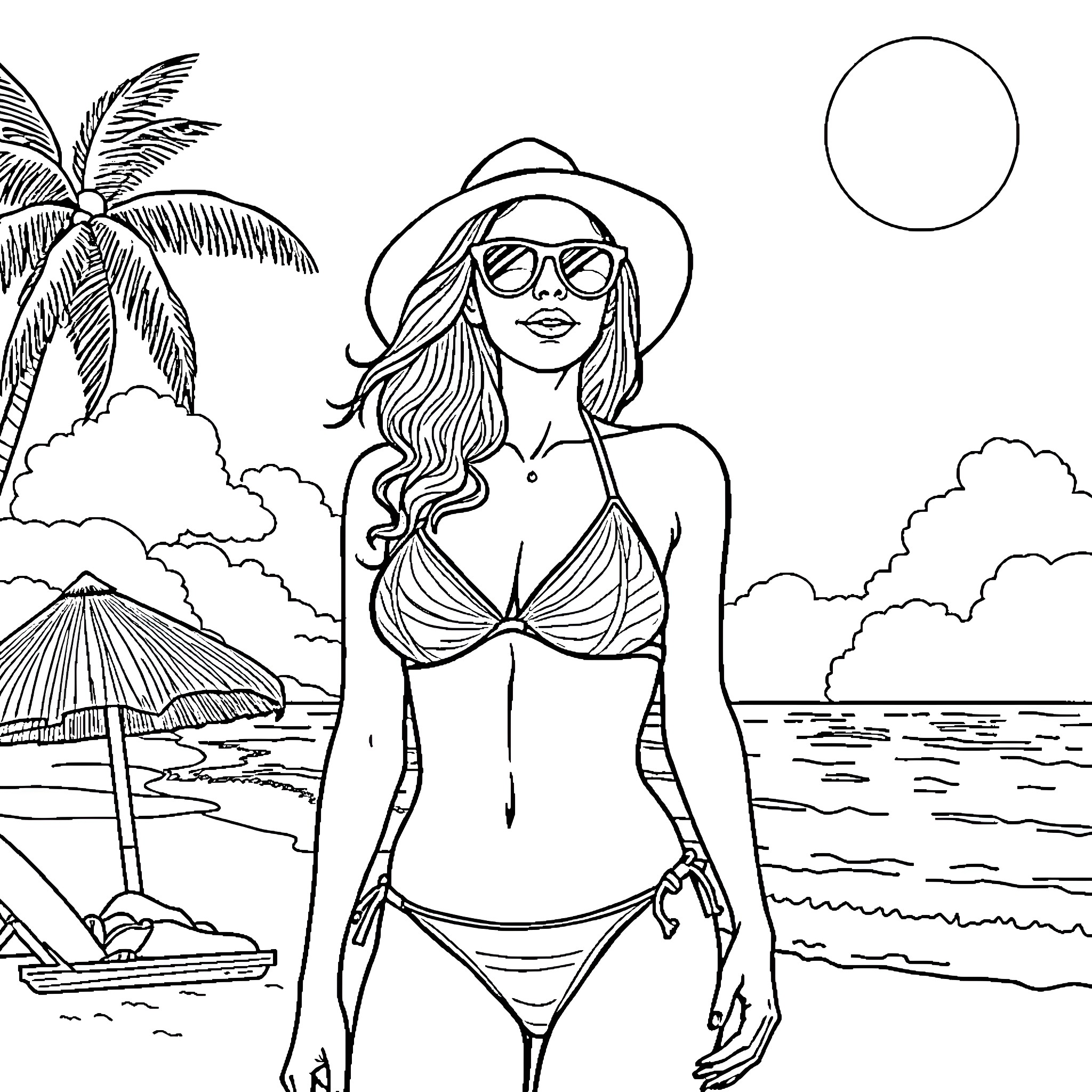 Woman enjoying the beach in stylish swimwear Coloring Page (free black-and-white line drawing printable PDF for all, from beginners to advanced learners, including children, teens, adults, and seniors)