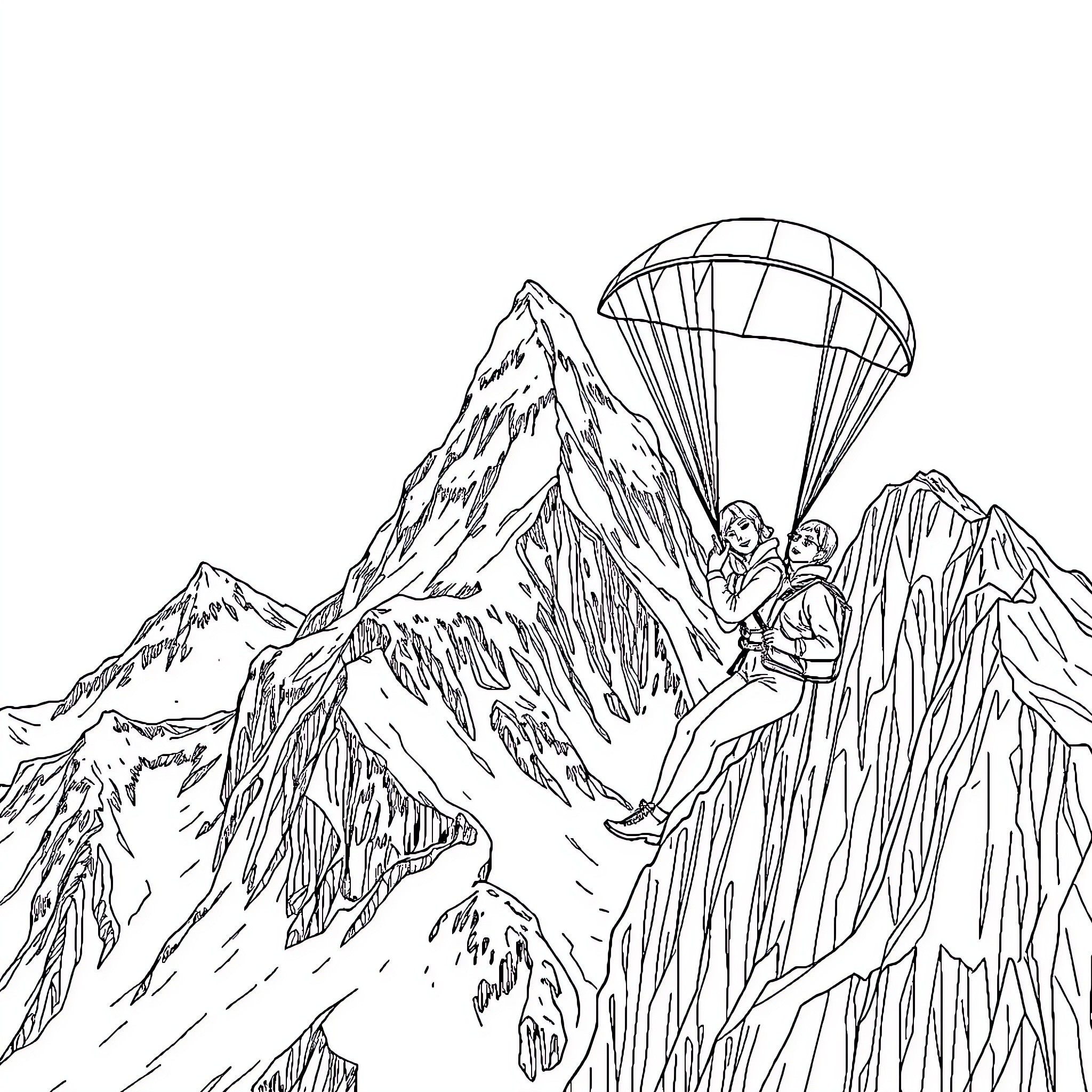 Woman parachuting off a mountain cliff Coloring Page (free black-and-white line drawing printable PDF for all, from beginners to advanced learners, including children, teens, adults, and seniors)