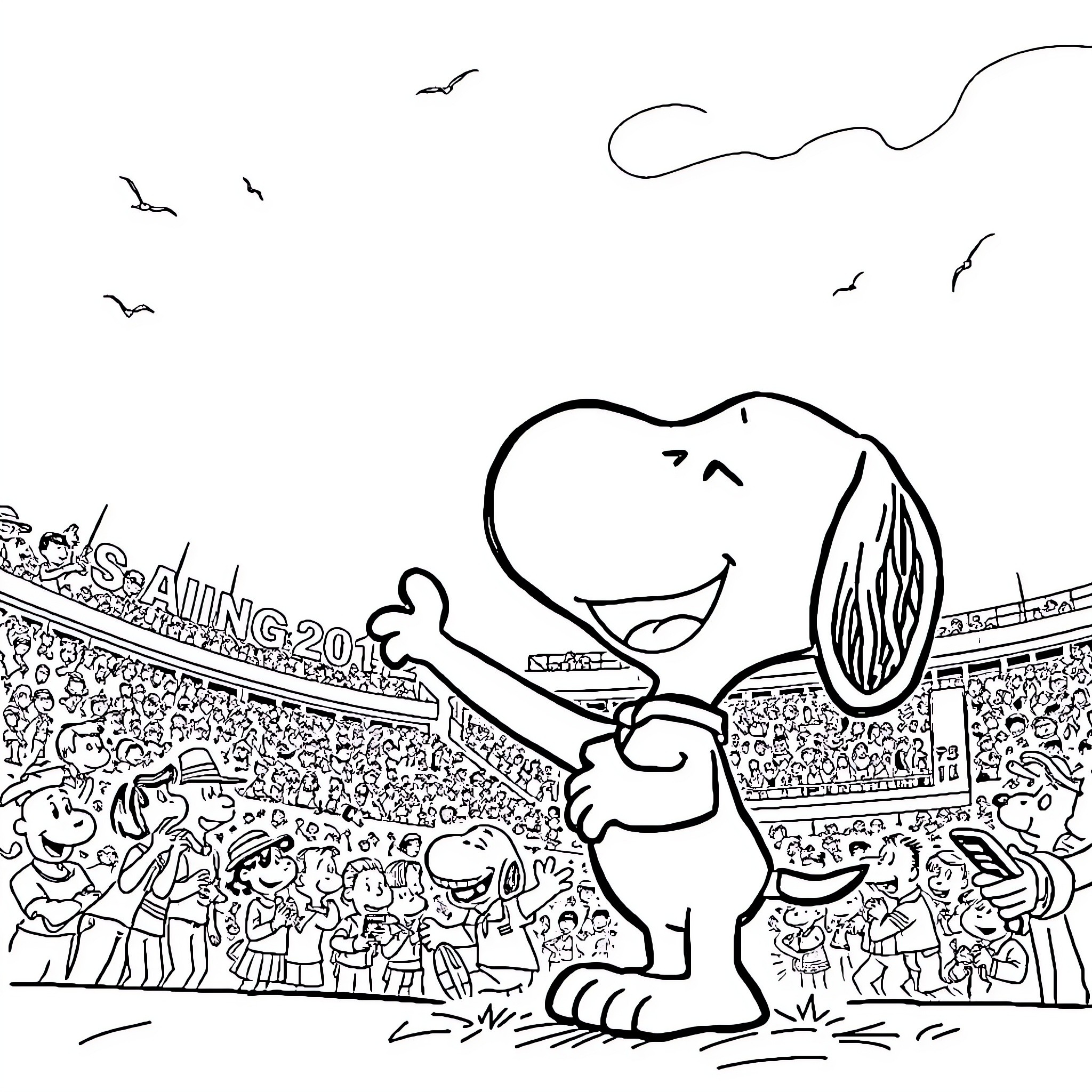 Snoopy celebrating at a lively stadium event Coloring Page (free black-and-white line drawing printable PDF for all, from beginners to advanced learners, including children, teens, adults, and seniors)