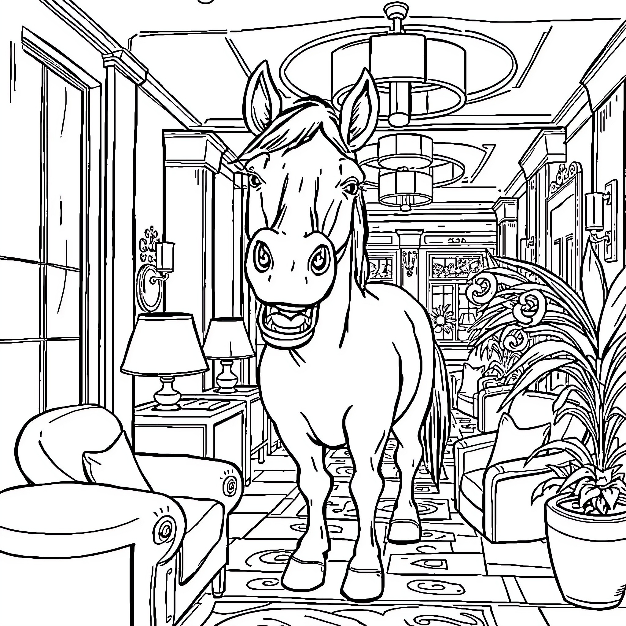 Horse exploring a fantastical indoor environment Coloring Page (free black-and-white line drawing printable PDF for all, from beginners to advanced learners, including children, teens, adults, and seniors)