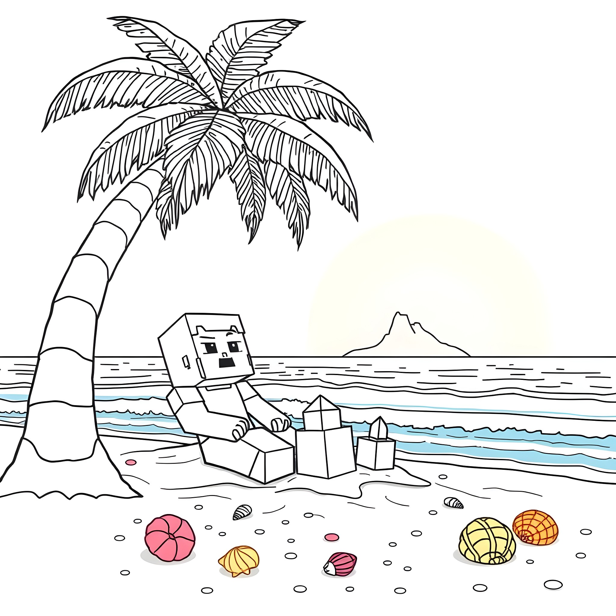 Minecraft Character relaxing on a tropical beach Coloring Page (free black-and-white line drawing printable PDF for all, from beginners to advanced learners, including children, teens, adults, and seniors)