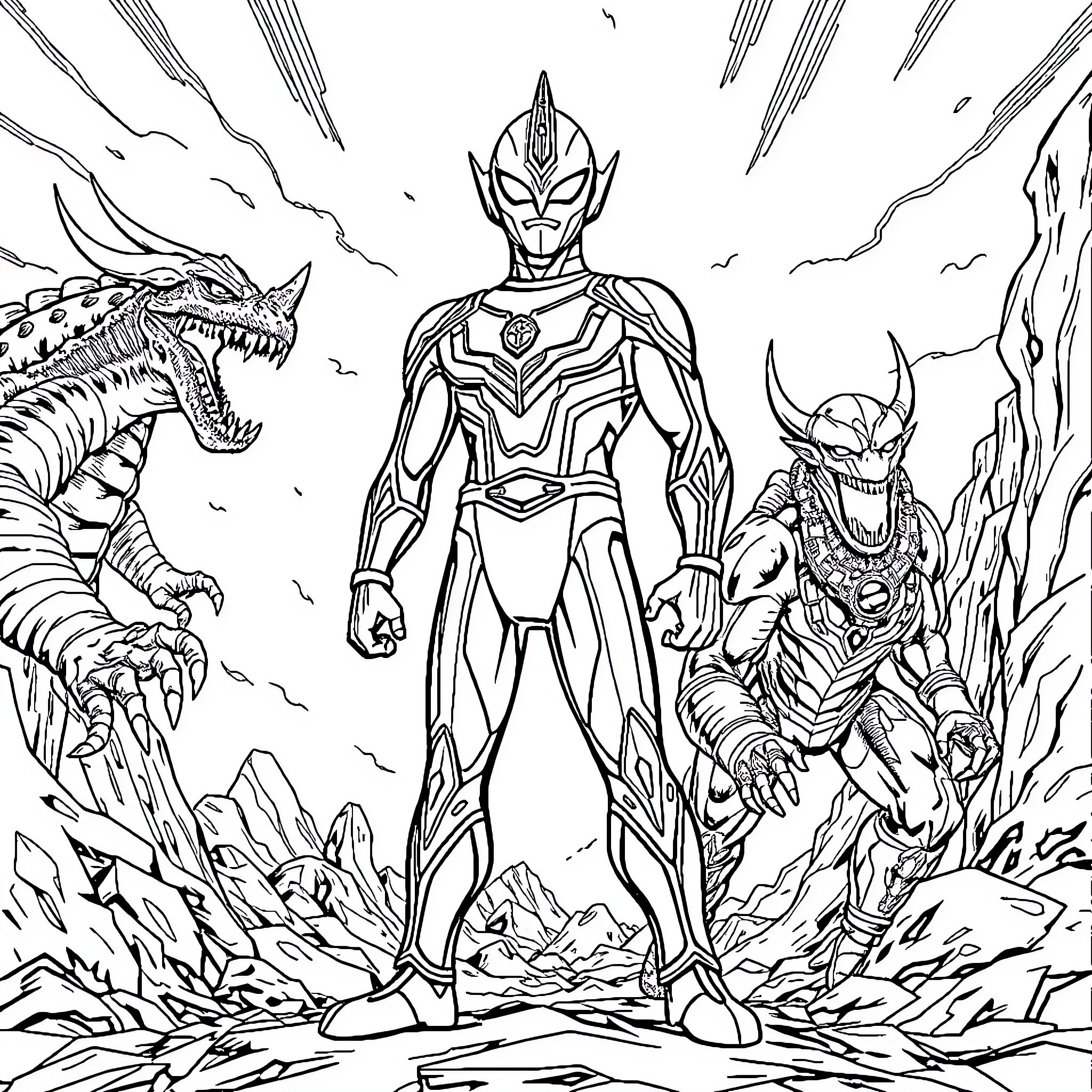 Ultraman confronting monstrous creatures in epic battle Coloring Page (free black-and-white line drawing printable PDF for all, from beginners to advanced learners, including children, teens, adults, and seniors)