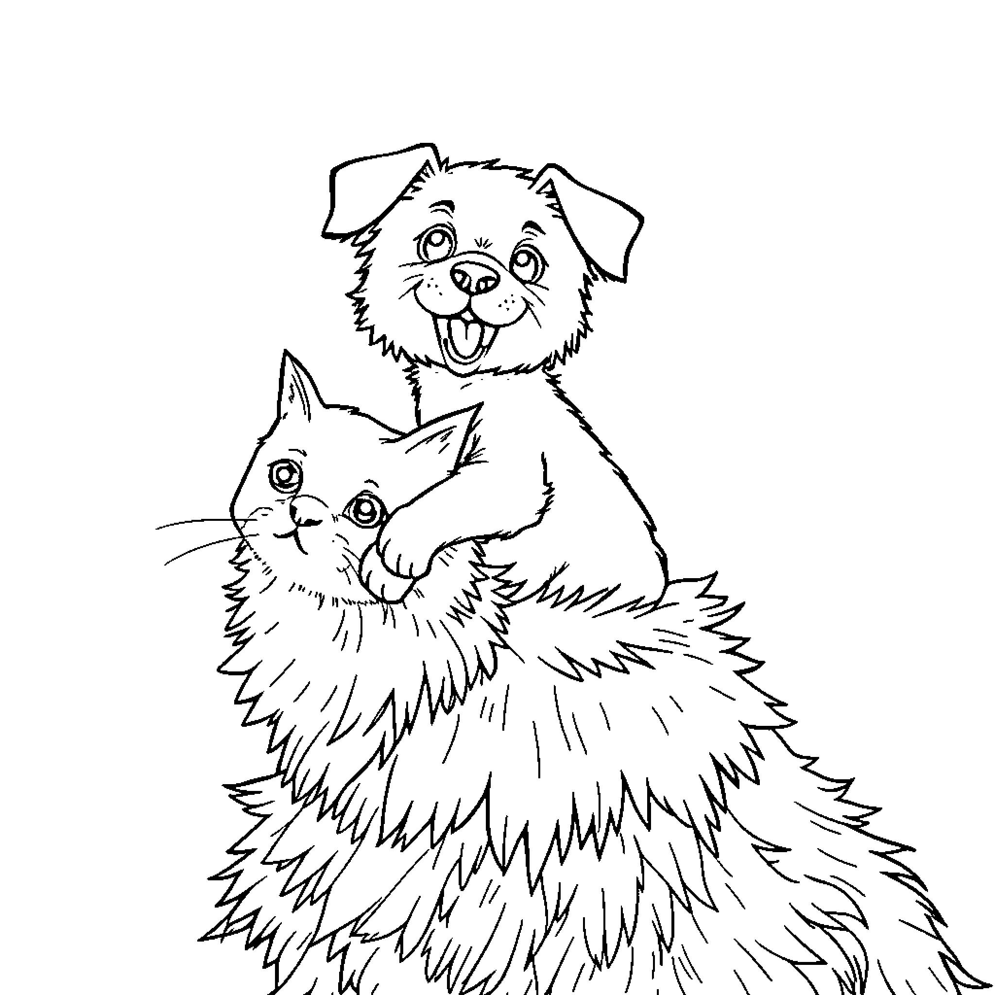 Dog and cat playing together happily Coloring Page (free black-and-white line drawing printable PDF for all, from beginners to advanced learners, including children, teens, adults, and seniors)