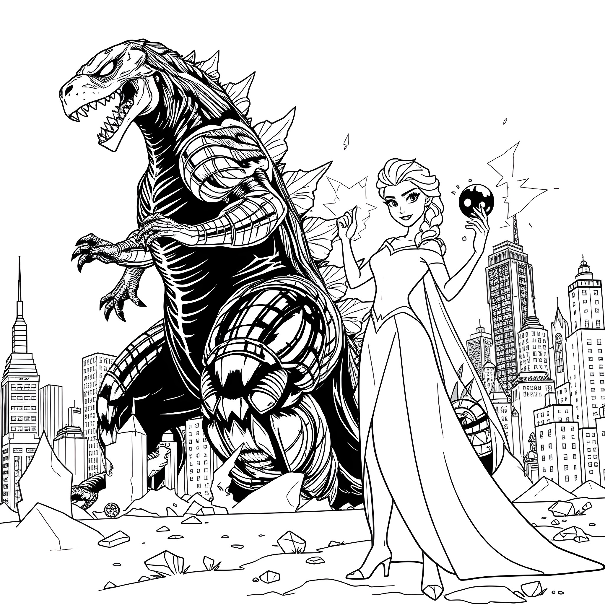 Elsa and the Rampaging Monster in the City Coloring Page (free black-and-white line drawing printable PDF for all, from beginners to advanced learners, including children, teens, adults, and seniors)