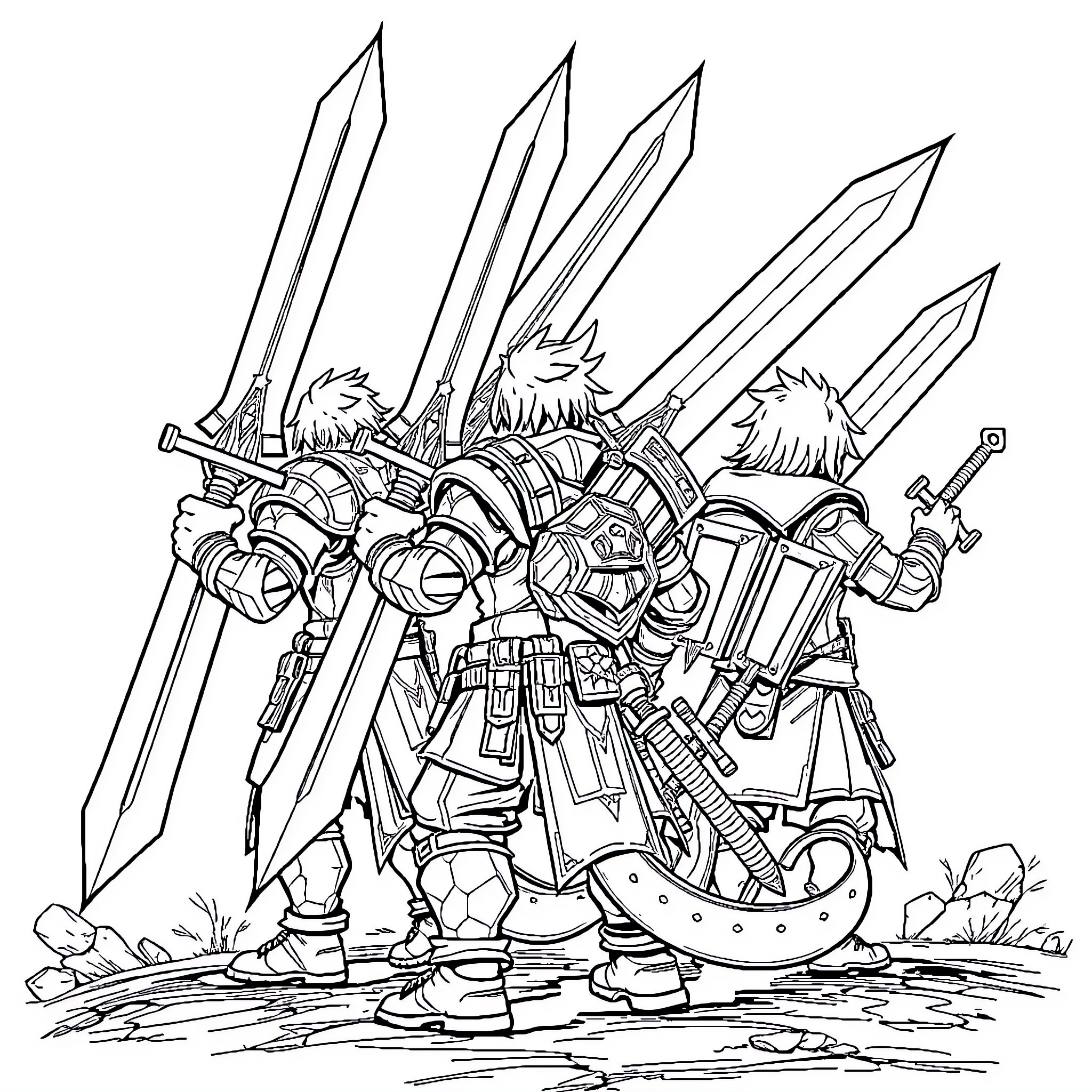 Monster Hunter Warrior Wielding Powerful Weapons Coloring Page (free black-and-white line drawing printable PDF for all, from beginners to advanced learners, including children, teens, adults, and seniors)