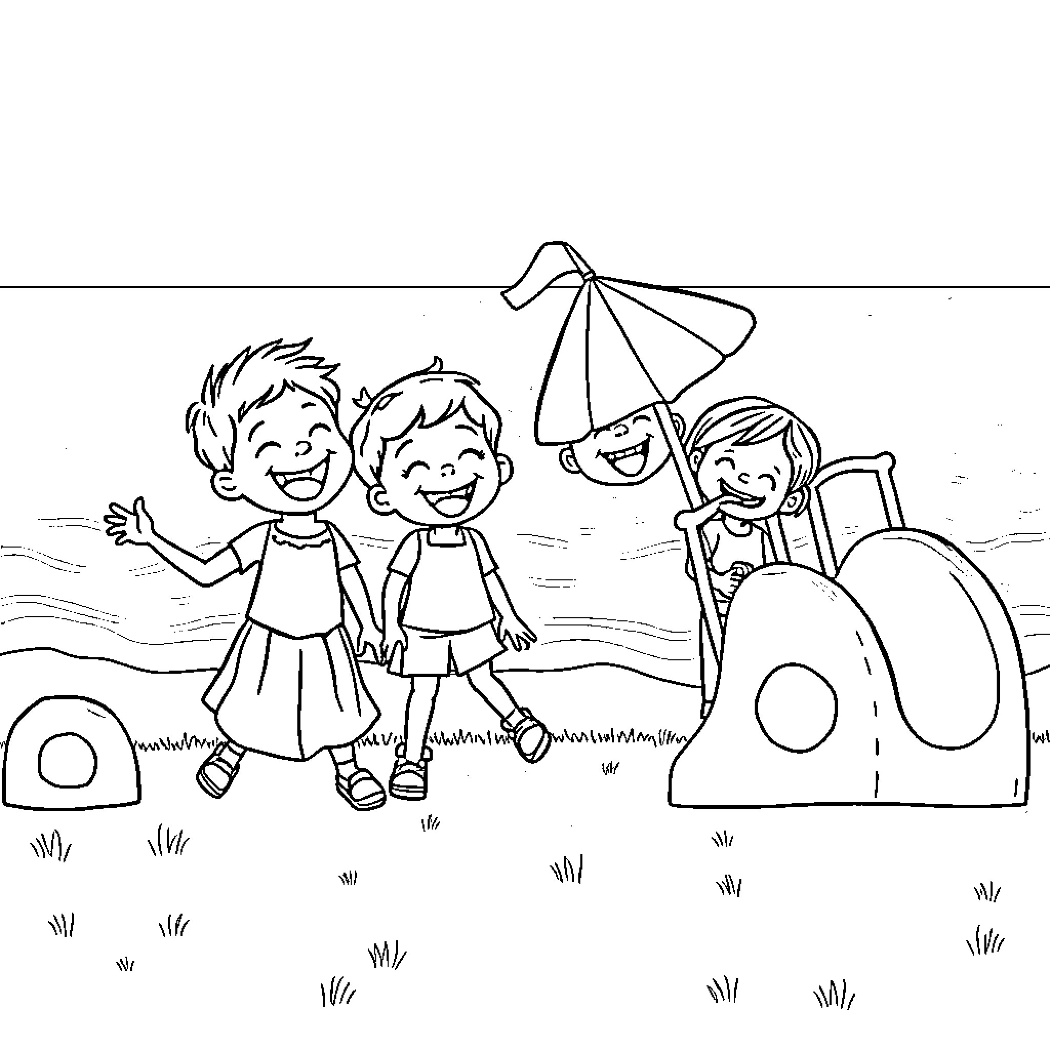 Kids playing on the playground together Coloring Page (free black-and-white line drawing printable PDF for all, from beginners to advanced learners, including children, teens, adults, and seniors)