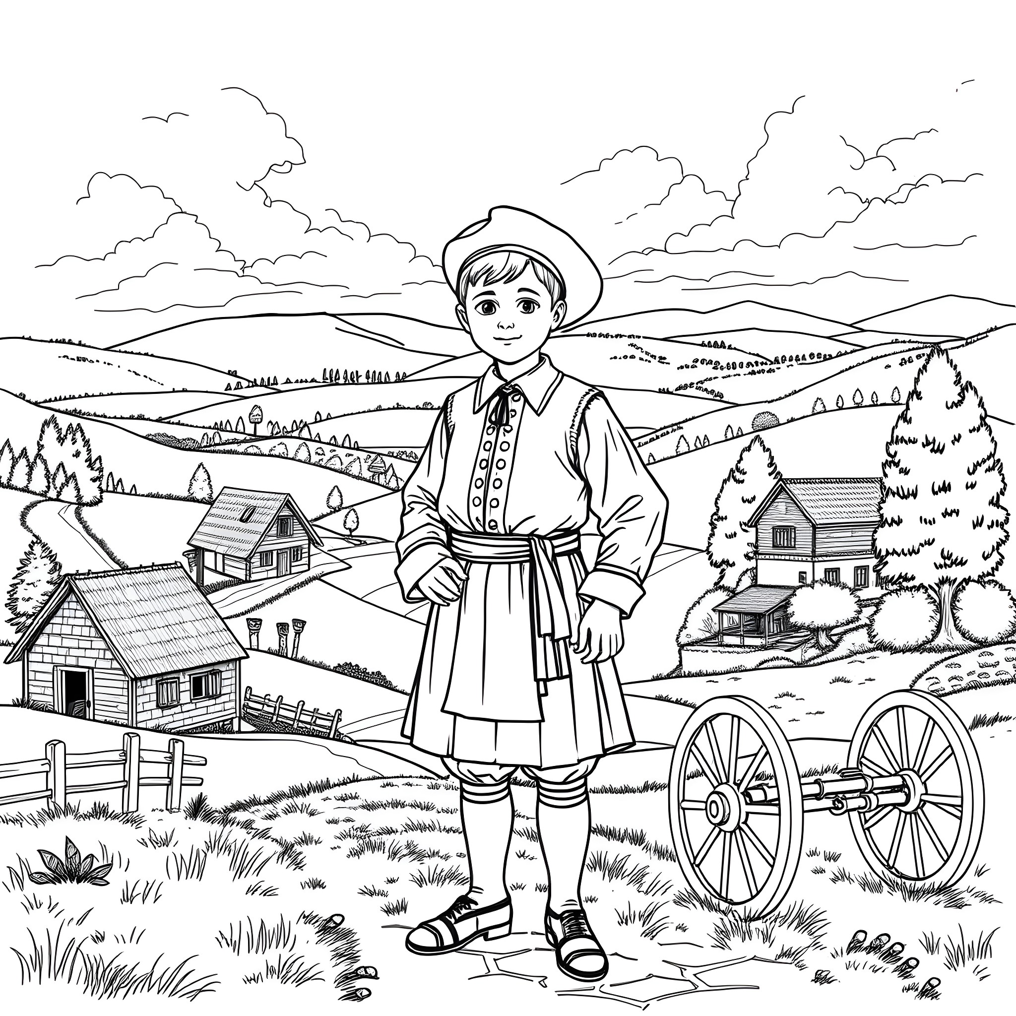 Boy in traditional clothing standing in pastoral countryside Coloring Page (free black-and-white line drawing printable PDF for all, from beginners to advanced learners, including children, teens, adults, and seniors)