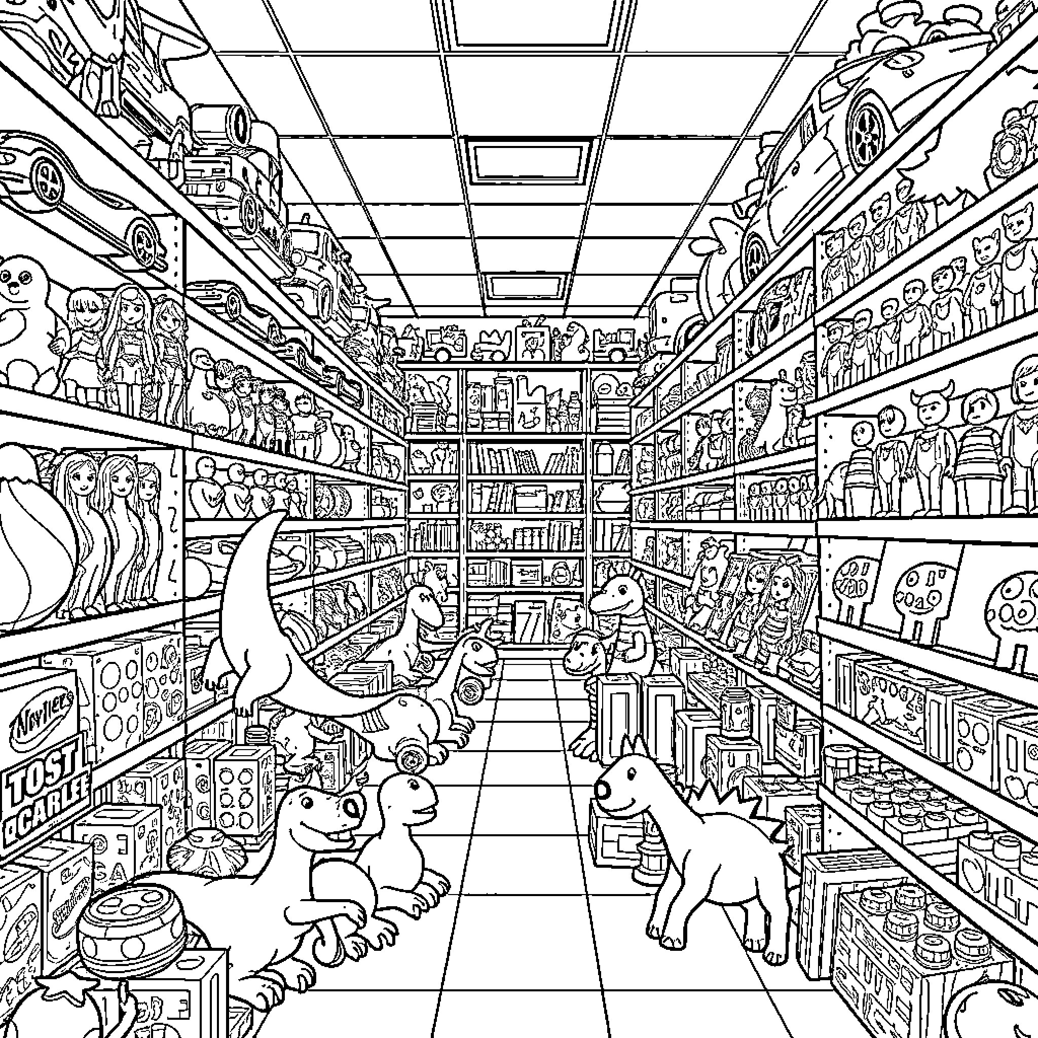 Toy Wonderland: A Whimsical Toy Store Adventure Coloring Page (free black-and-white line drawing printable PDF for all, from beginners to advanced learners, including children, teens, adults, and seniors)