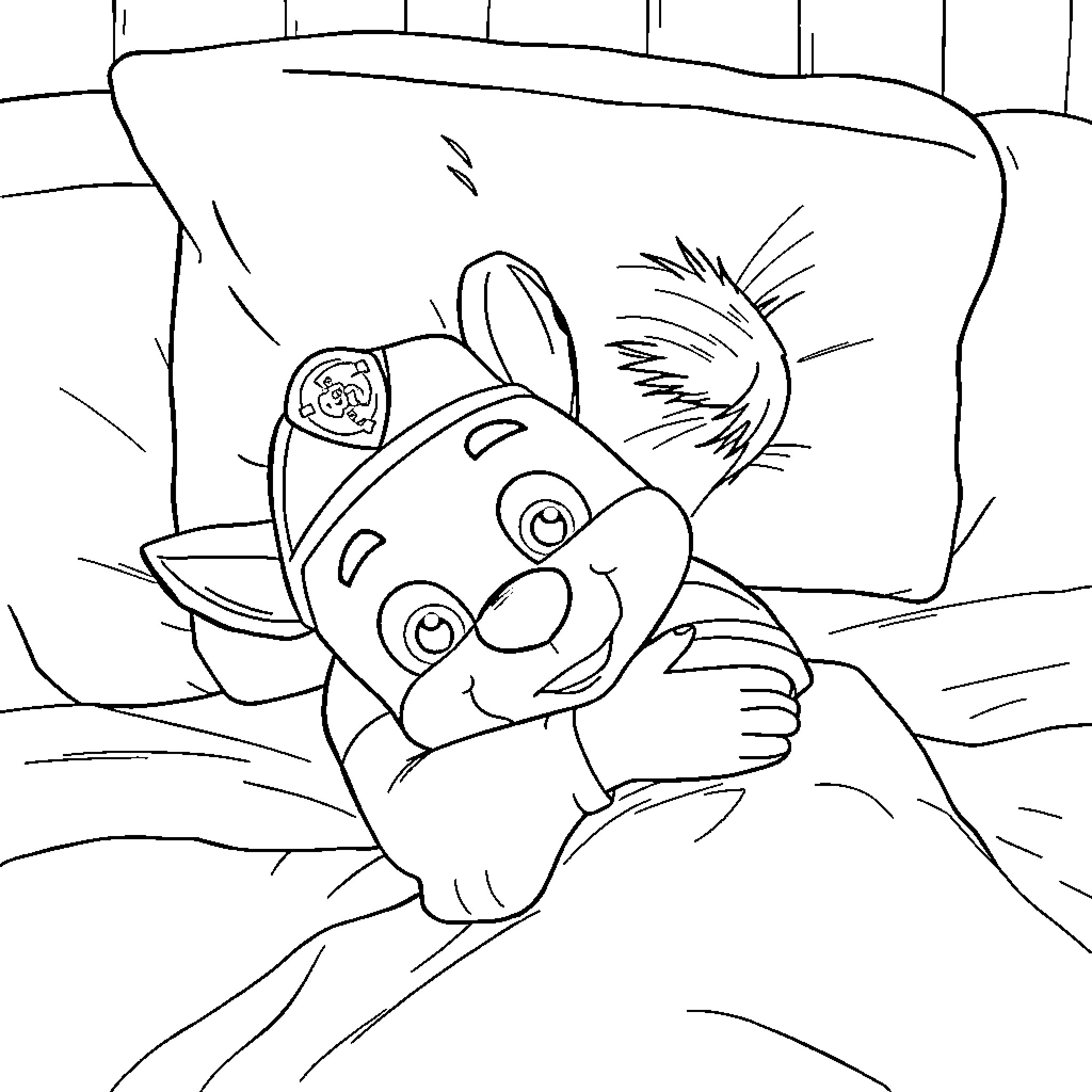 Boy sleeping soundly in firefighter costume Coloring Page (free black-and-white line drawing printable PDF for all, from beginners to advanced learners, including children, teens, adults, and seniors)
