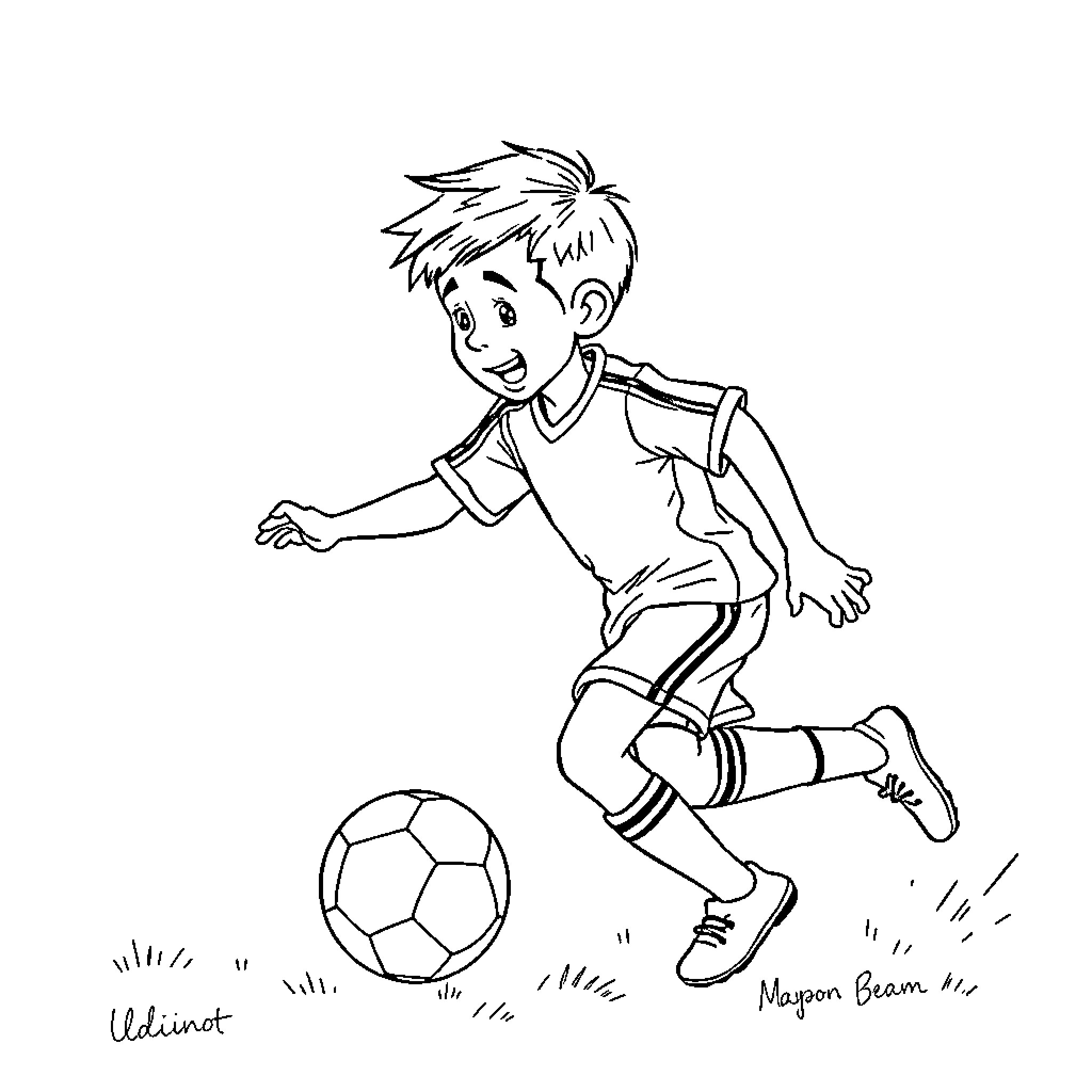 Futbolista kicking ball with enthusiasm Coloring Page (free black-and-white line drawing printable PDF for all, from beginners to advanced learners, including children, teens, adults, and seniors)