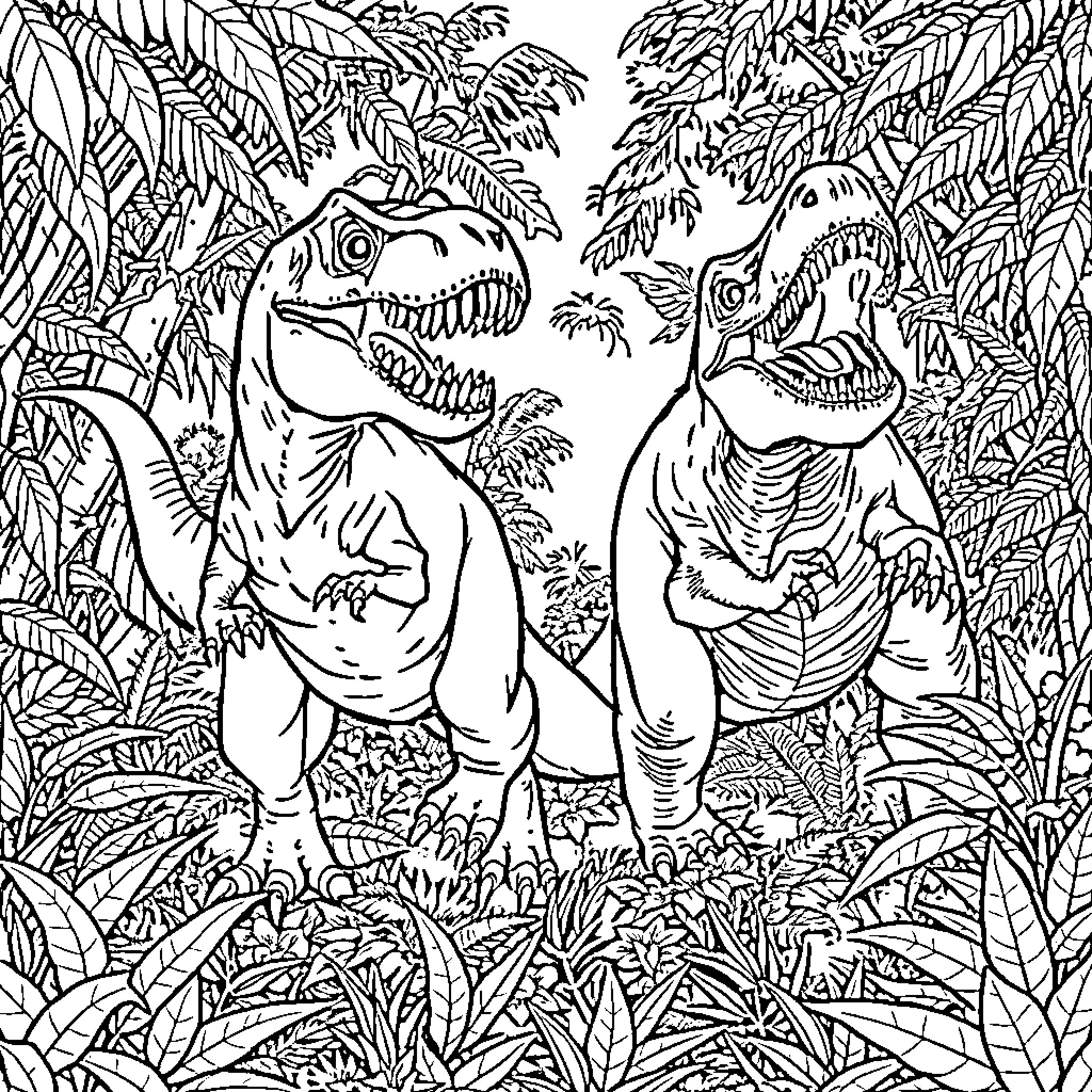 T-Rex duo stalking through the jungle Coloring Page (free black-and-white line drawing printable PDF for all, from beginners to advanced learners, including children, teens, adults, and seniors)