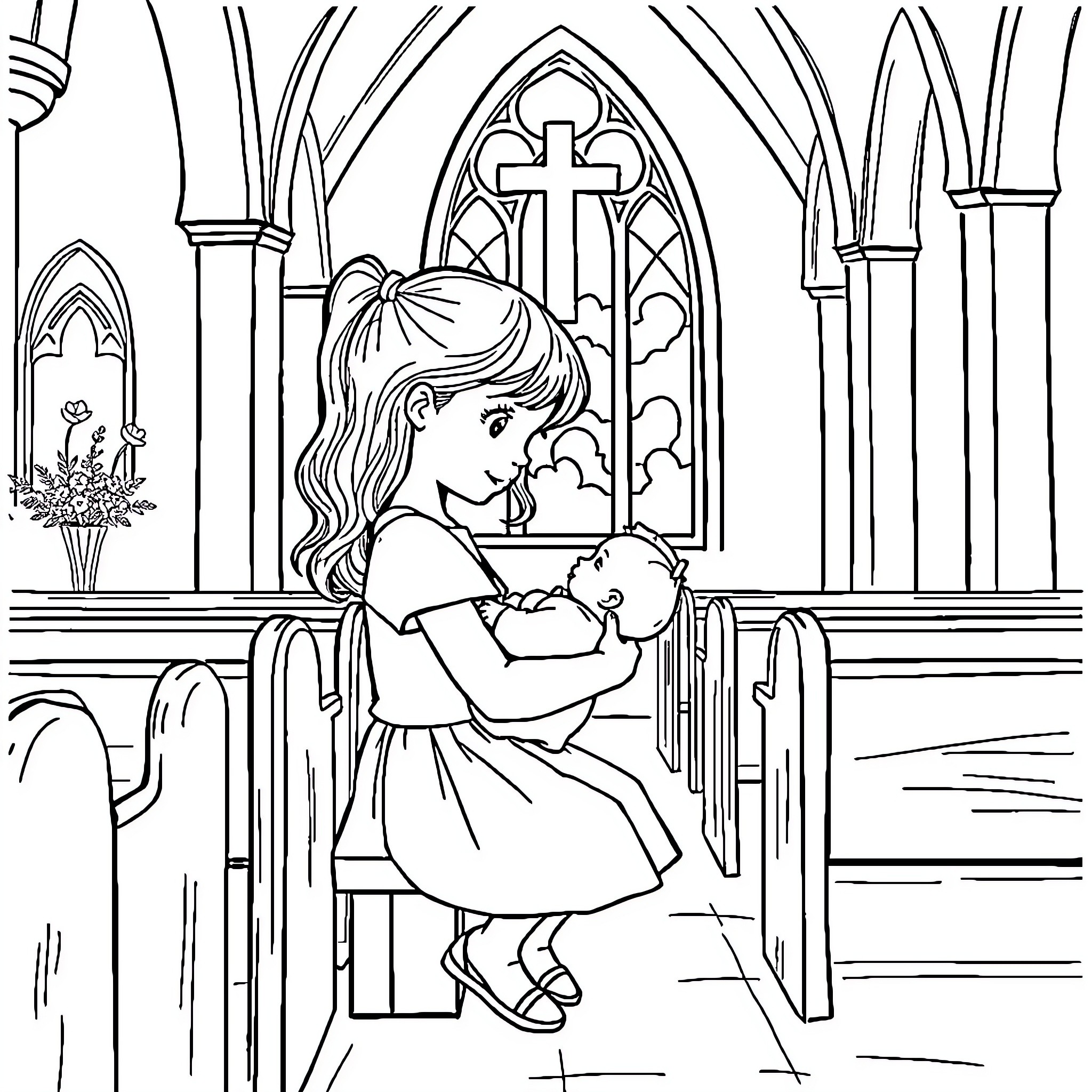 Girl praying with baby in church Coloring Page (free black-and-white line drawing printable PDF for all, from beginners to advanced learners, including children, teens, adults, and seniors)