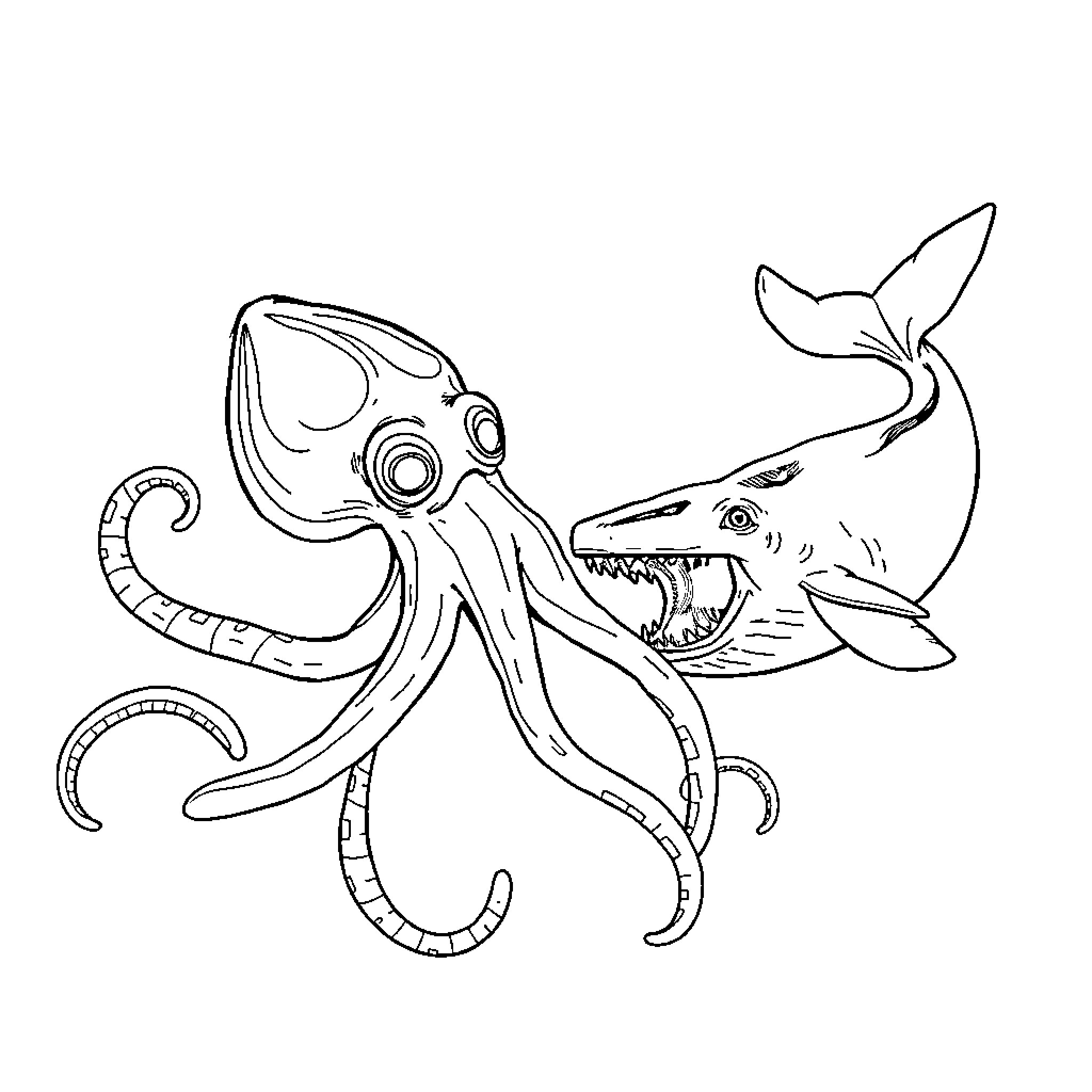Squid battling ferocious shark in playful illustration Coloring Page (free black-and-white line drawing printable PDF for all, from beginners to advanced learners, including children, teens, adults, and seniors)