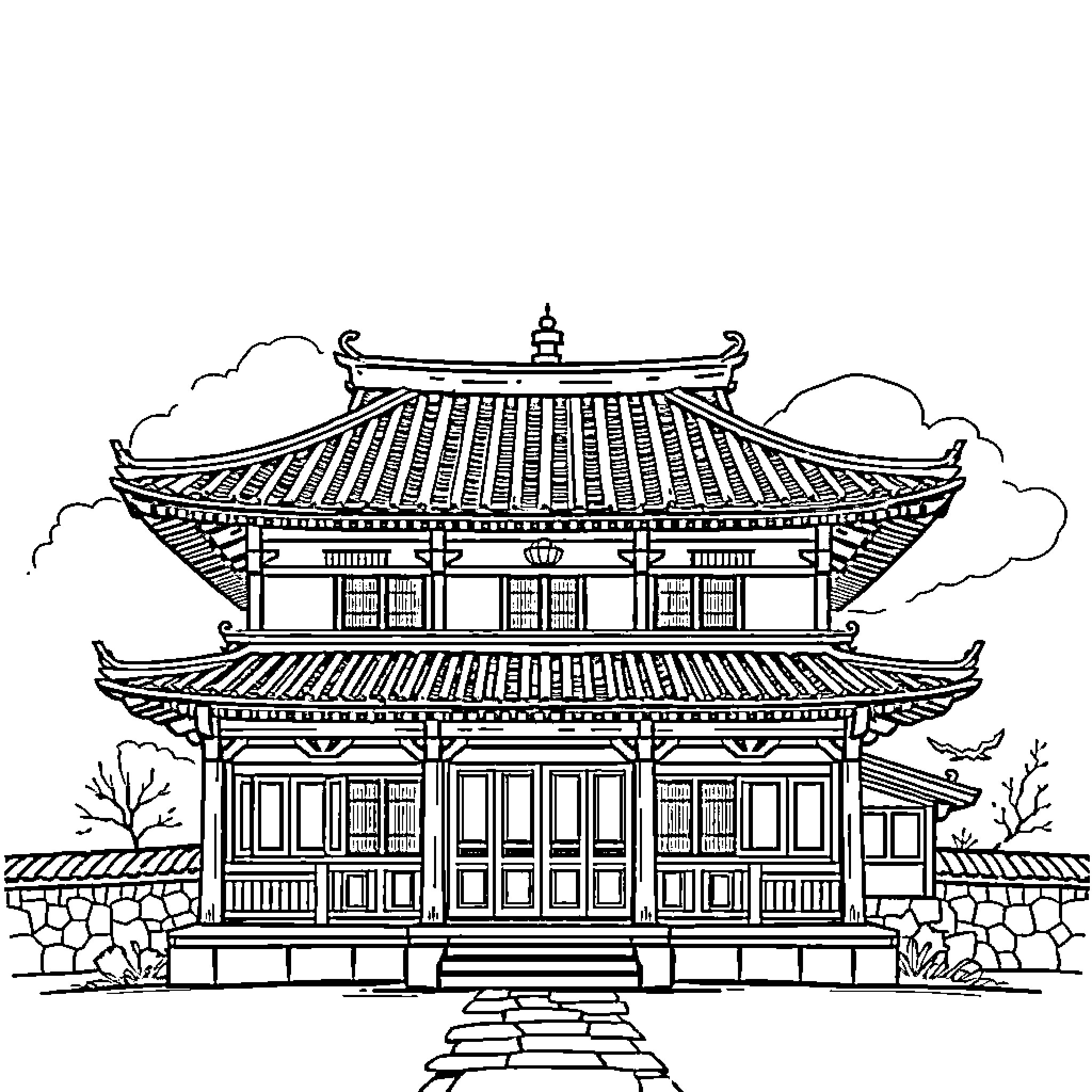 Hanok traditional Korean architectural structure Coloring Page (free black-and-white line drawing printable PDF for all, from beginners to advanced learners, including children, teens, adults, and seniors)