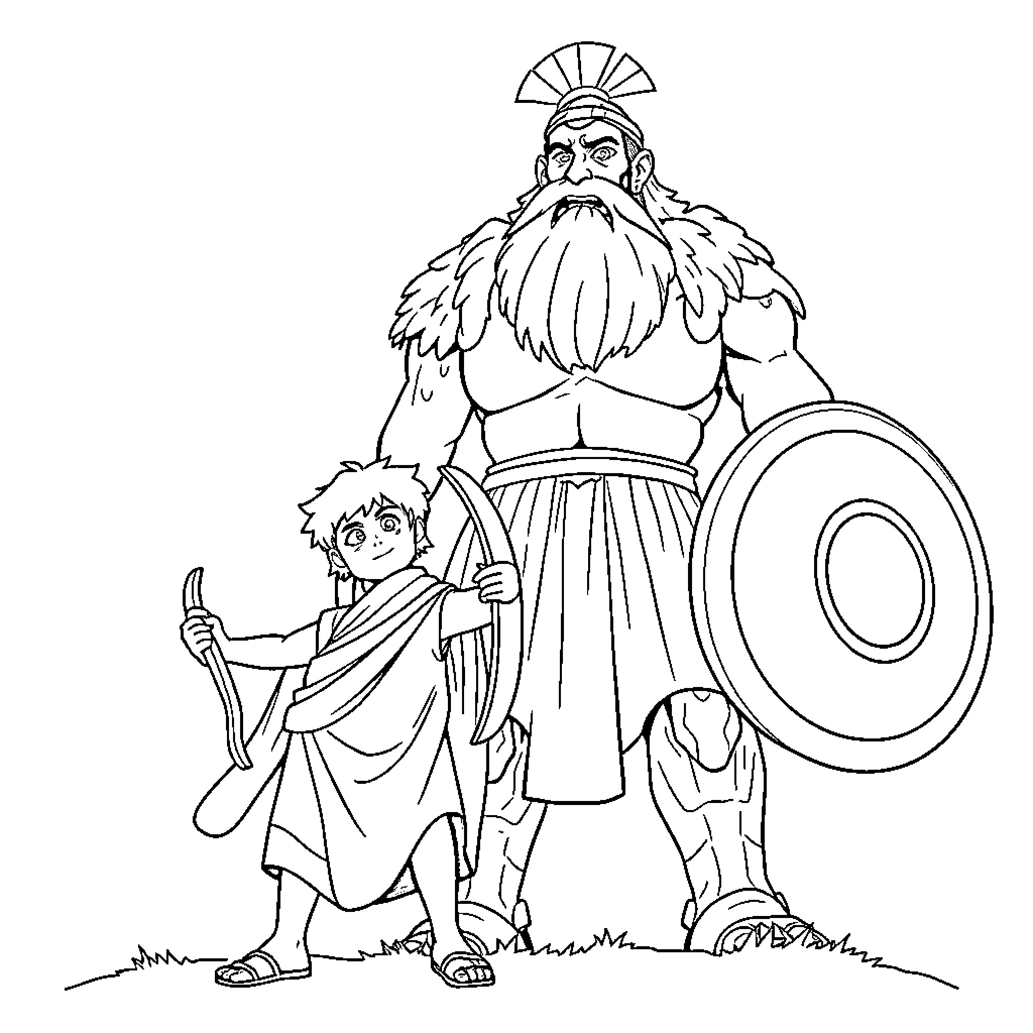 David and Goliath: The Shepherd Boy Facing the Mighty Warrior Coloring Page (free black-and-white line drawing printable PDF for all, from beginners to advanced learners, including children, teens, adults, and seniors)