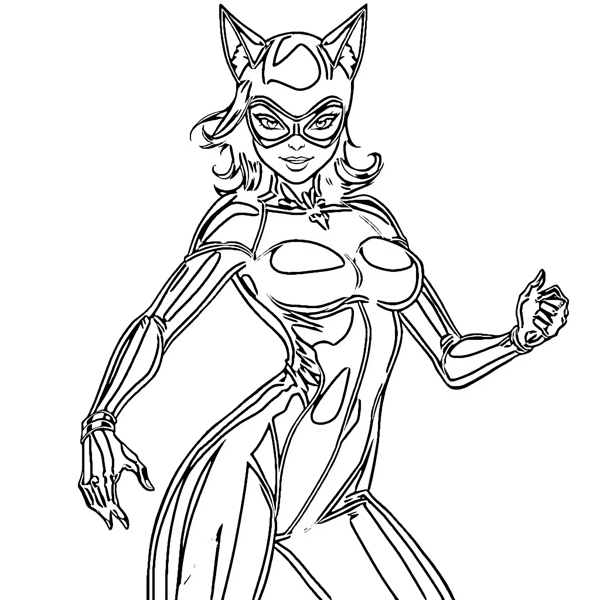 Catwoman in heroic pose with clawed gloves Coloring Page (free black-and-white line drawing printable PDF for all, from beginners to advanced learners, including children, teens, adults, and seniors)