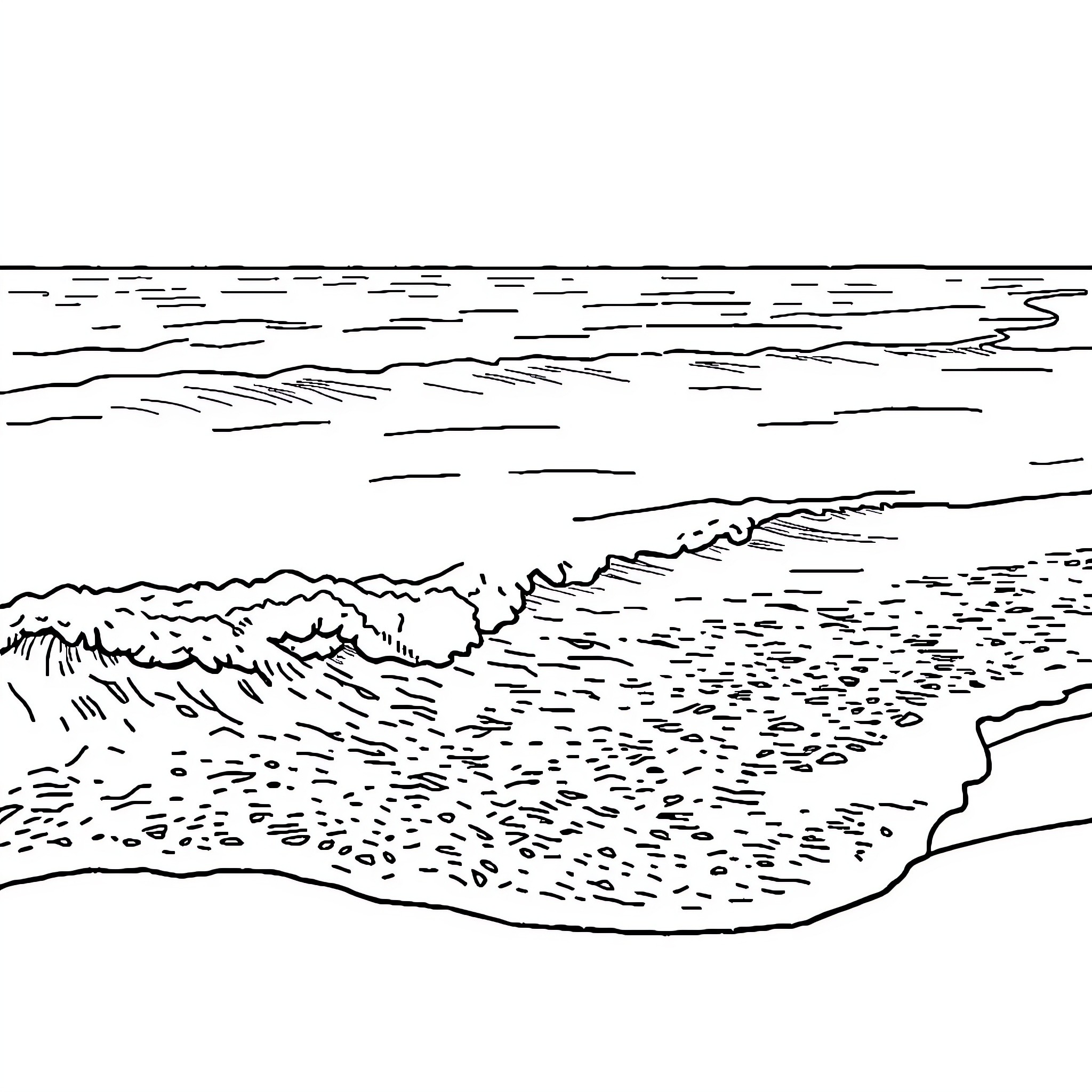 Coast with crashing waves in the distance Coloring Page (free black-and-white line drawing printable PDF for all, from beginners to advanced learners, including children, teens, adults, and seniors)