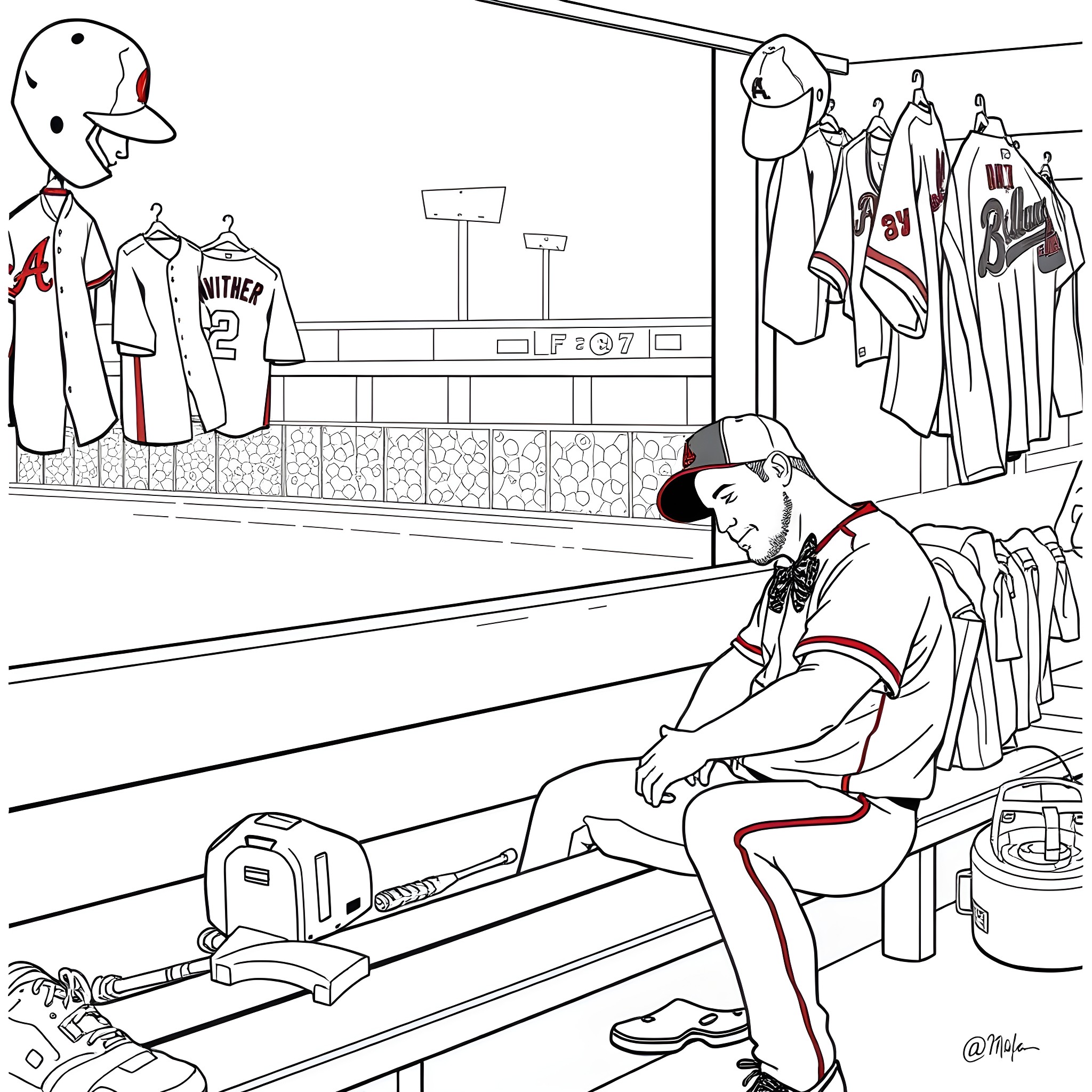 Brian Snitker sitting in dugout with baseball uniforms Coloring Page (free black-and-white line drawing printable PDF for all, from beginners to advanced learners, including children, teens, adults, and seniors)