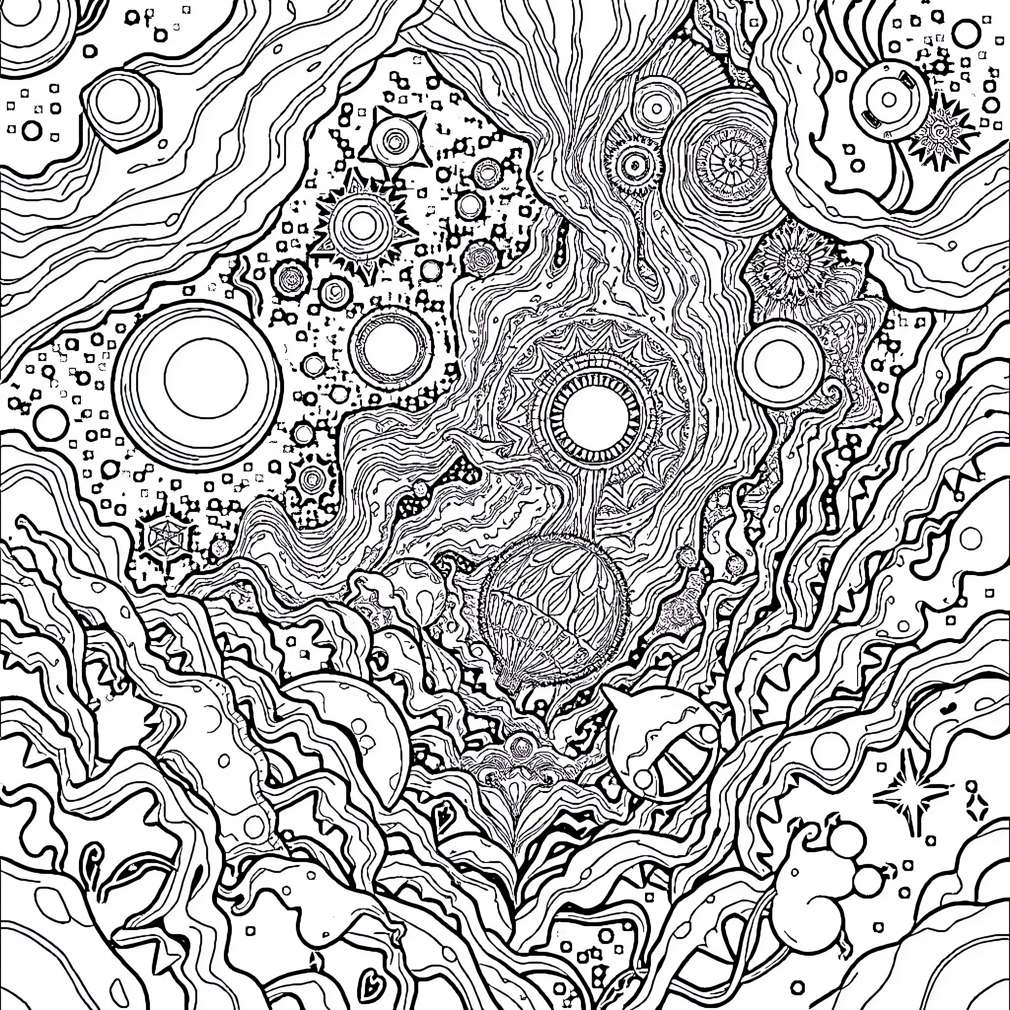 Dmt Psychedelic Journey Through Cosmic Patterns Coloring Page (free black-and-white line drawing printable PDF for all, from beginners to advanced learners, including children, teens, adults, and seniors)