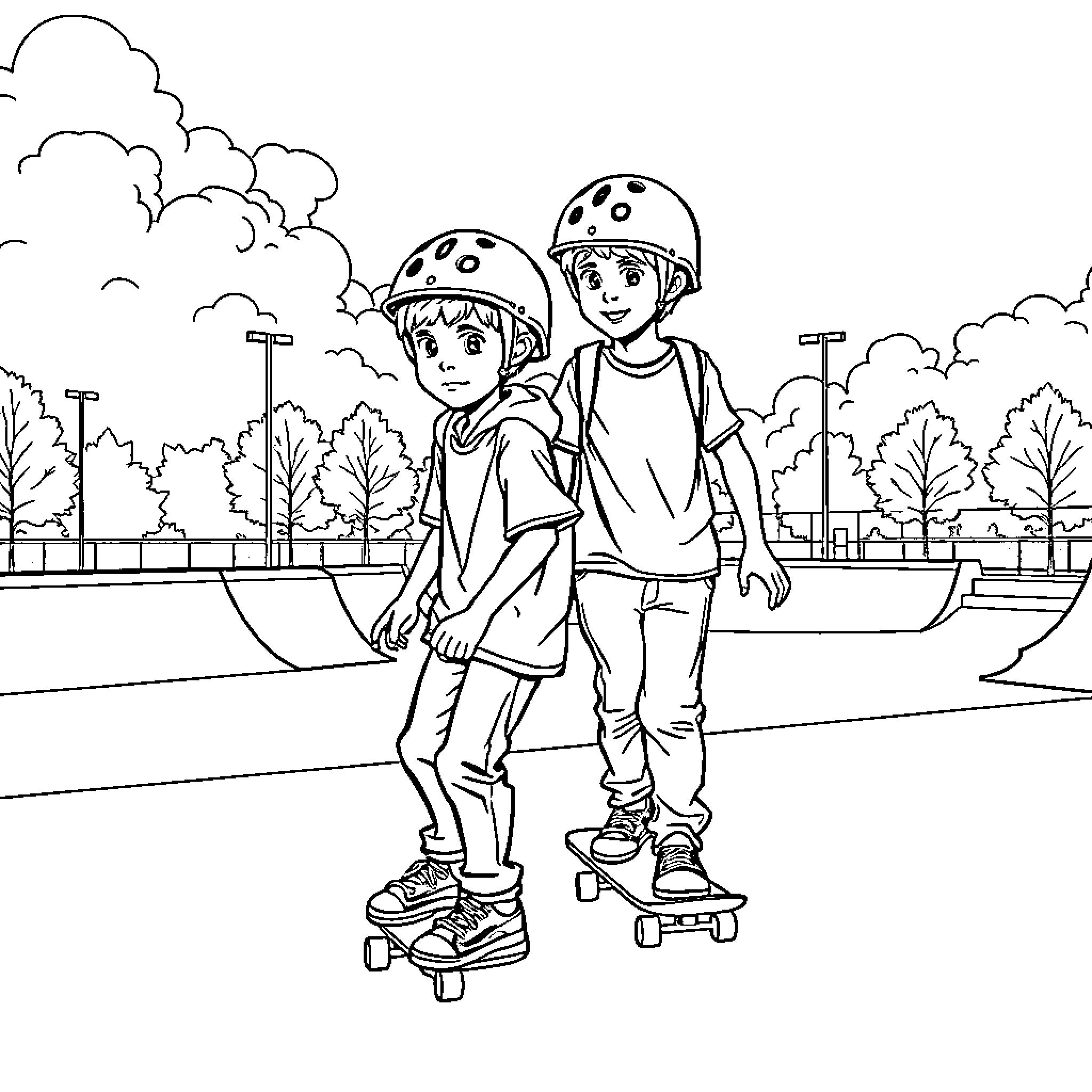 Boys skating at the park Coloring Page (free black-and-white line drawing printable PDF for all, from beginners to advanced learners, including children, teens, adults, and seniors)