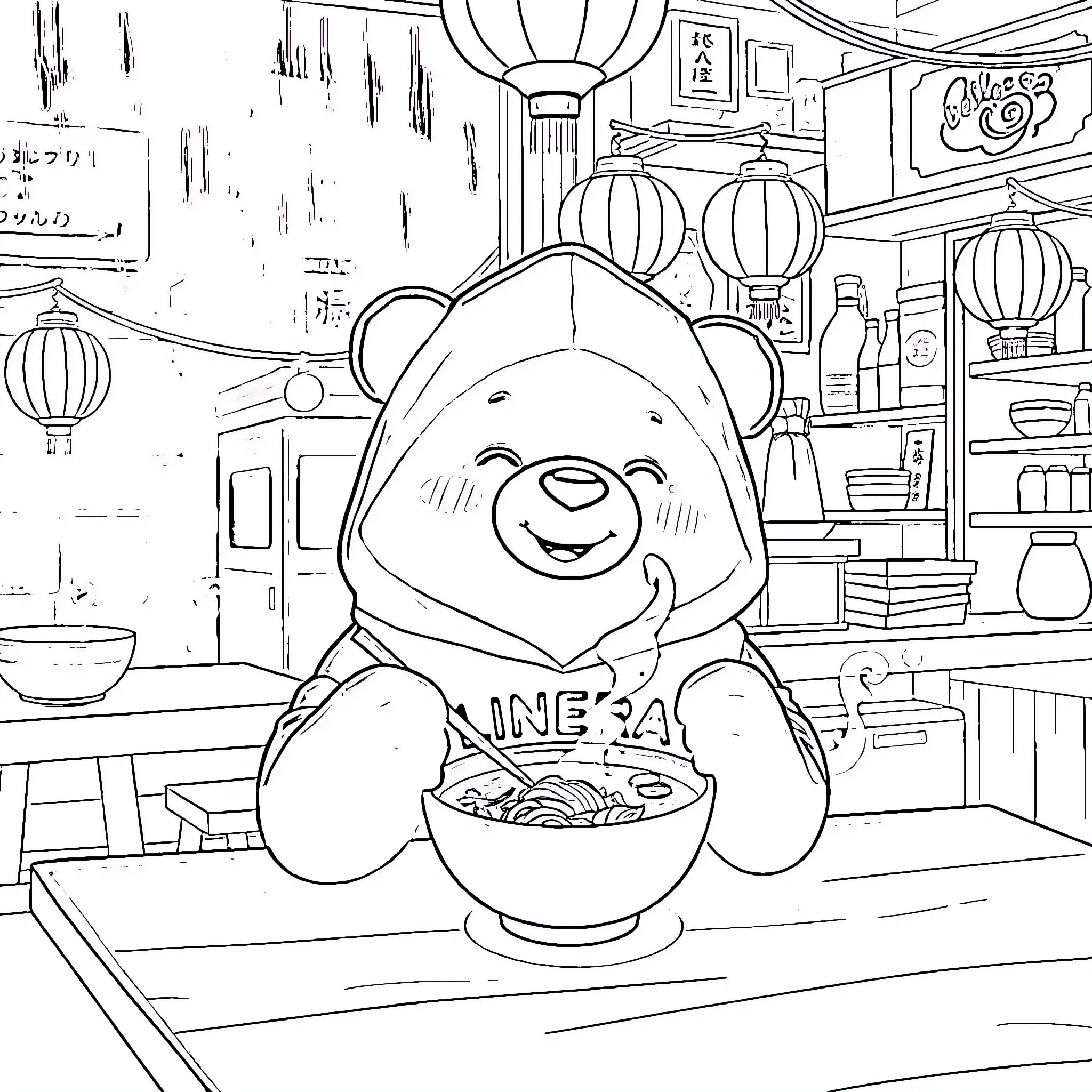Bear enjoying a tasty meal in a cozy restaurant Coloring Page (free black-and-white line drawing printable PDF for all, from beginners to advanced learners, including children, teens, adults, and seniors)