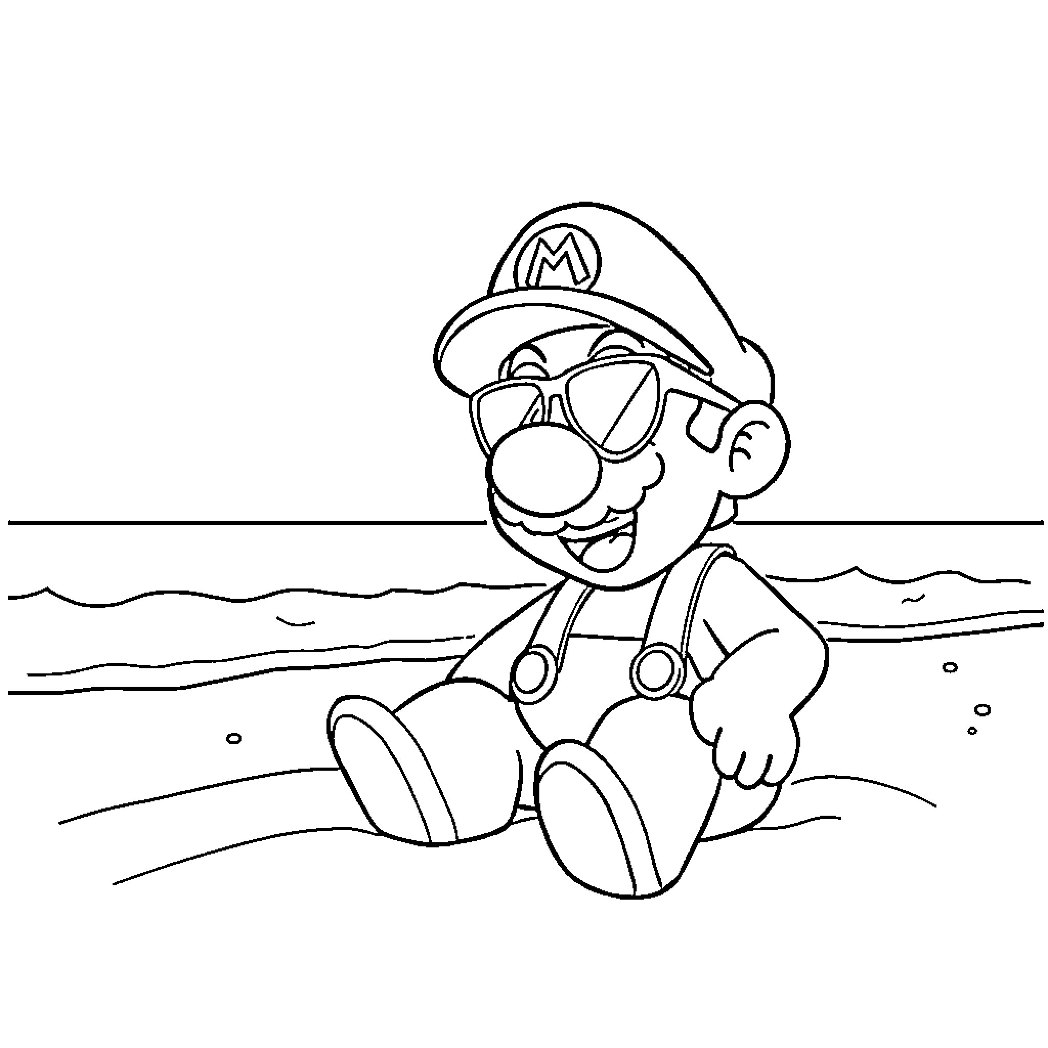 Super Mario enjoying the beach in his iconic outfit Coloring Page (free black-and-white line drawing printable PDF for all, from beginners to advanced learners, including children, teens, adults, and seniors)