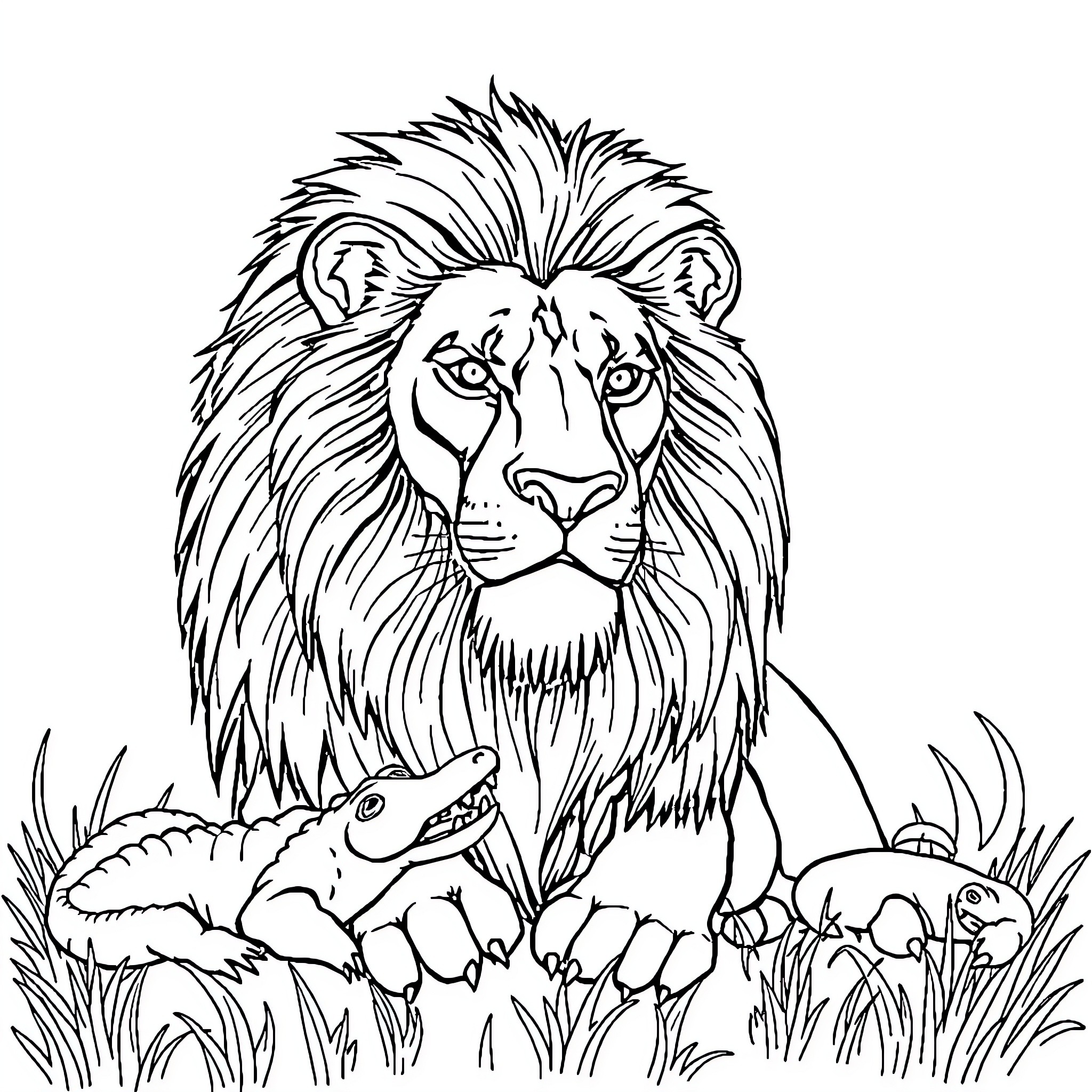 Lion guarding its prey in the wild Coloring Page (free black-and-white line drawing printable PDF for all, from beginners to advanced learners, including children, teens, adults, and seniors)